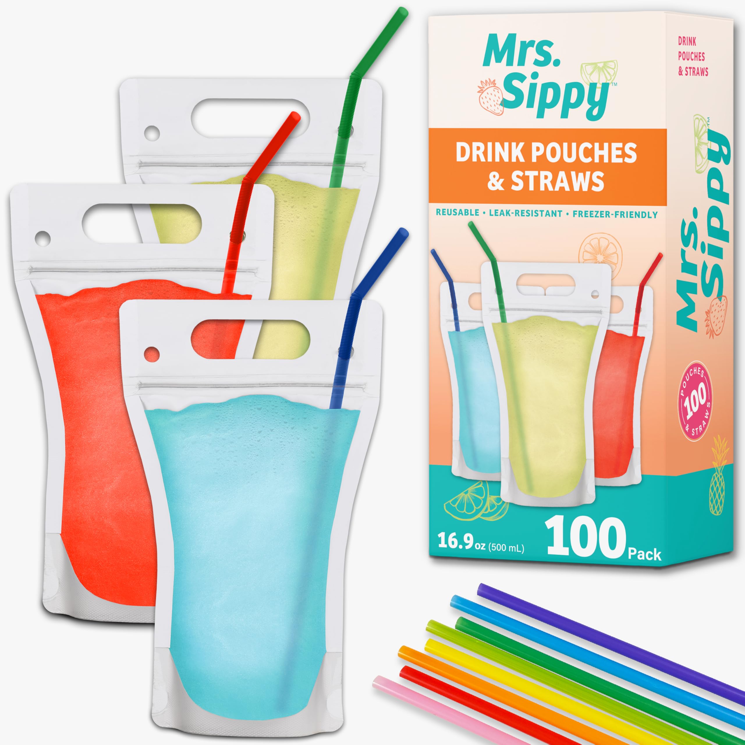 Mrs. Sippy Clear Drink Pouches for Adults - 100 Reusable Plastic Drink Bags with Straws - 17 oz Freezable Juice, Smoothie, and Alcohol Pouches