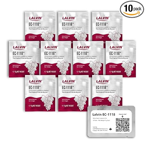 Lalvin EC-1118 Wine Yeast (10 Pack) - Champagne Yeast - Make Wine Cider Mead Kombucha At Home - 5 g Sachets - Saccharomyces cerevisiae - Sold by CAPYBARA Distributors Inc.