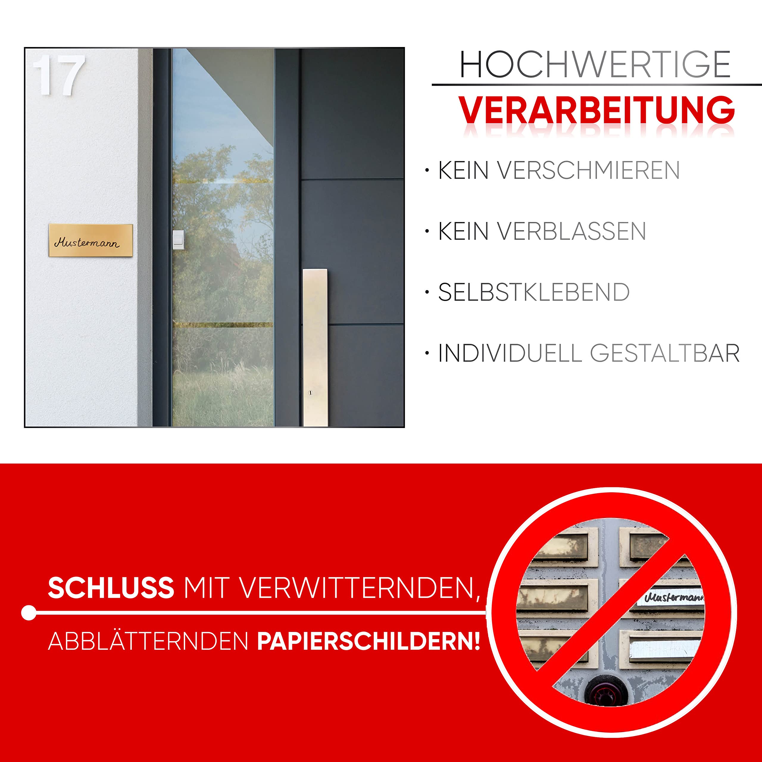 Premium Messing Schilder Set zum Beschriften aufkleben Namensschild Haustür Schild, Klingelschild, Briefkastenschild, Türschild selbstklebend - mit Geschenkebox & keine Werbung Aufkleber Etiketten