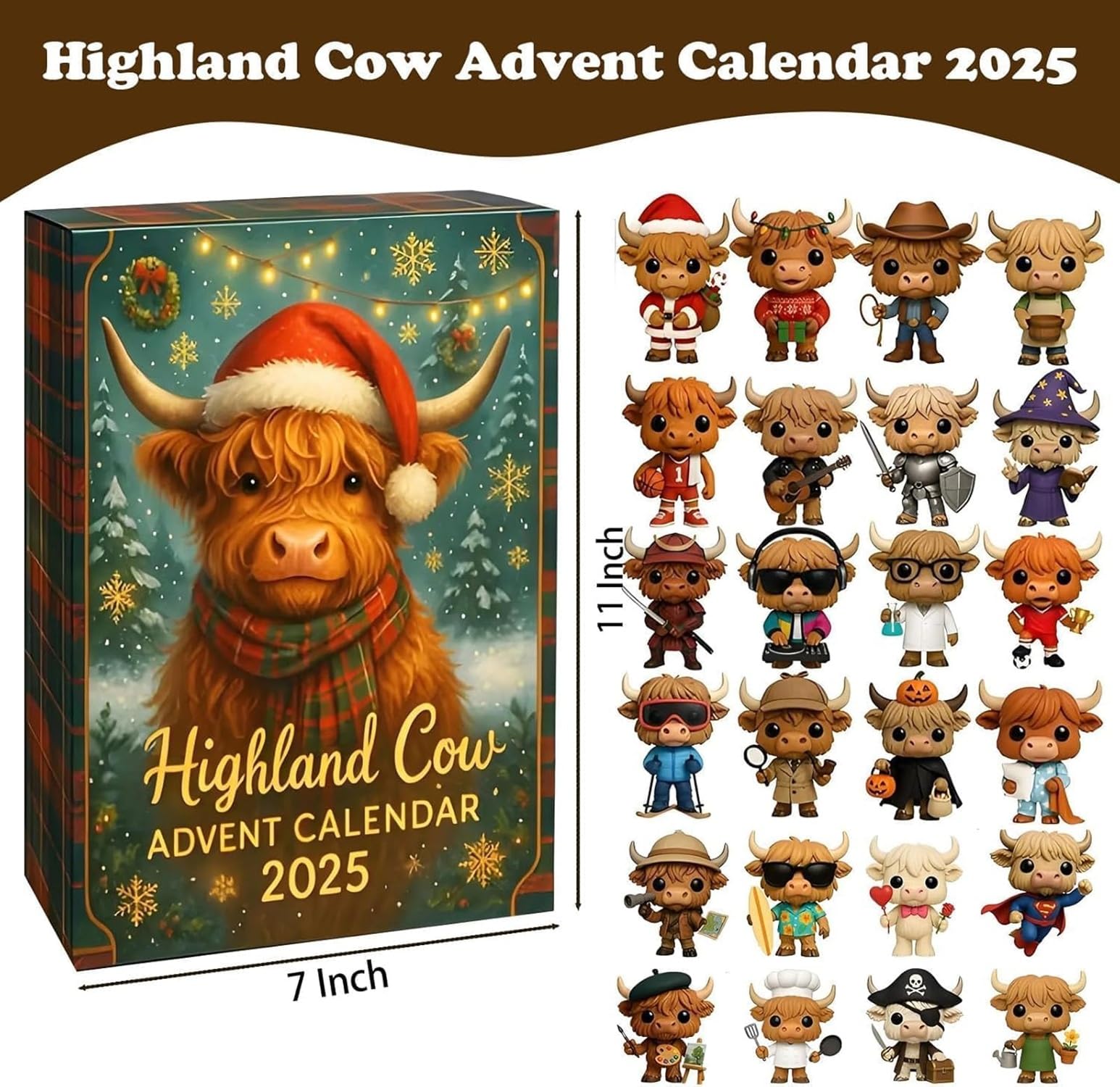 Calendrier de l'Avent 2025 Highland Cow - Collection de Vaches Écossaises Décoratives pour Sapin, Idée Cadeau pour Noël - Maison