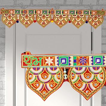 LOVENSPIRE Indian Fabric Door Toran 35.5 Inch Bhandarwal Hanging Valance Embroidered Traditional Wall Decorative for Window Home Temple Decor Wedding Diwali Navratri Puja Housewarming Decorations