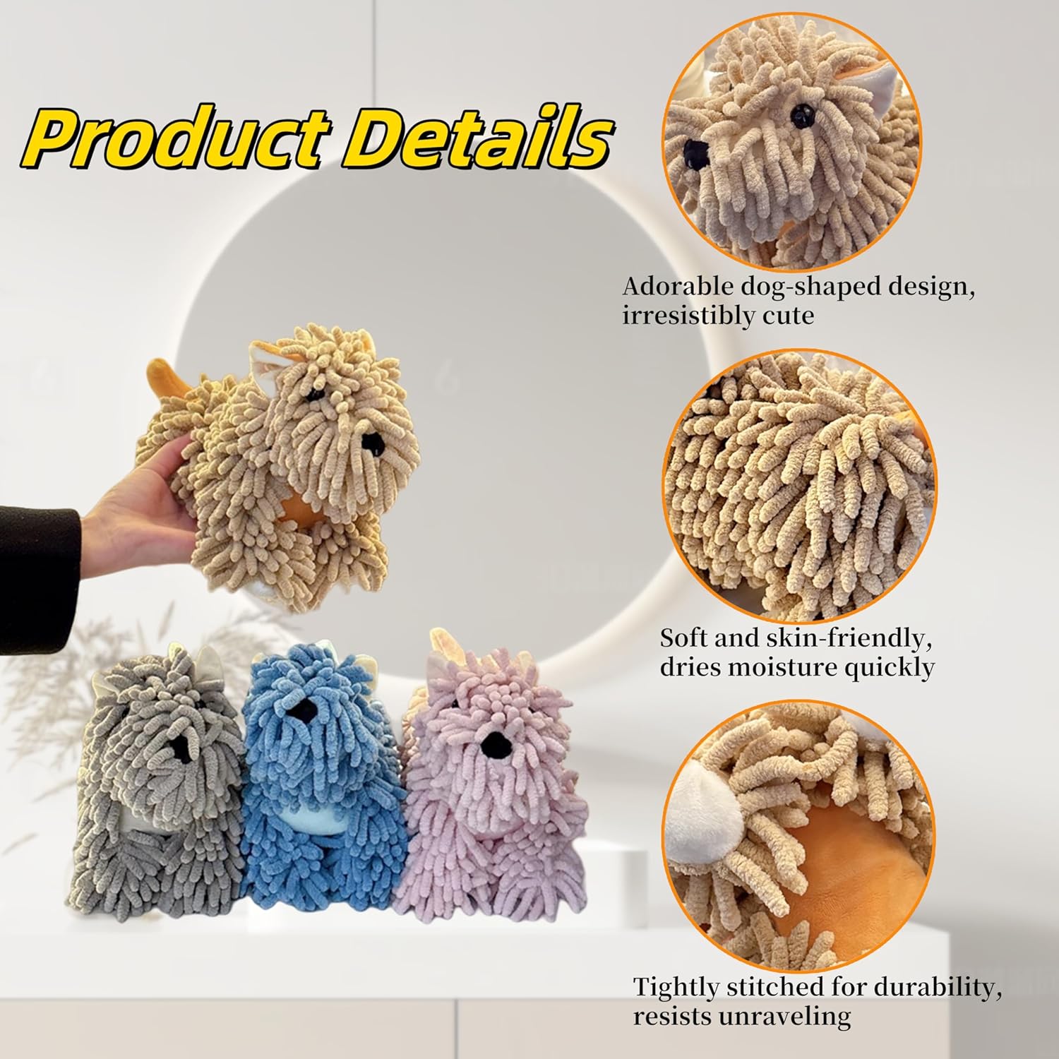 2PCS Cute Puppy Chenille Hand Towel – Soft, Absorbent Hand Towel for Bathroom or Kitchen – Adorable Dog Design with Hanging Loop (B)