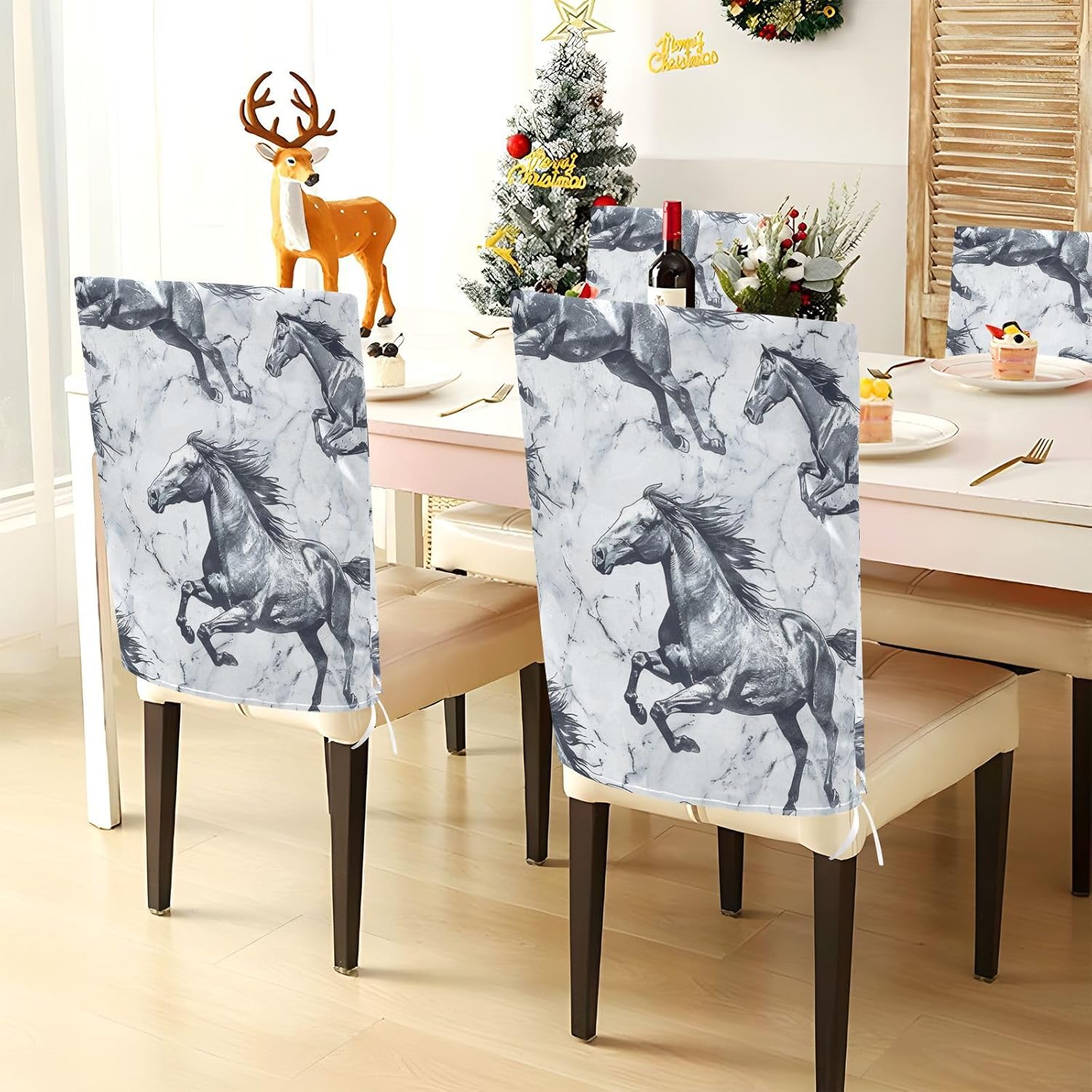 ALAZA Running Horses Chair Back Cover Set of 6, Washable Reusable Removable Chair Slipcovers Decorative Chair Cover for Home Kitchen Wedding Party