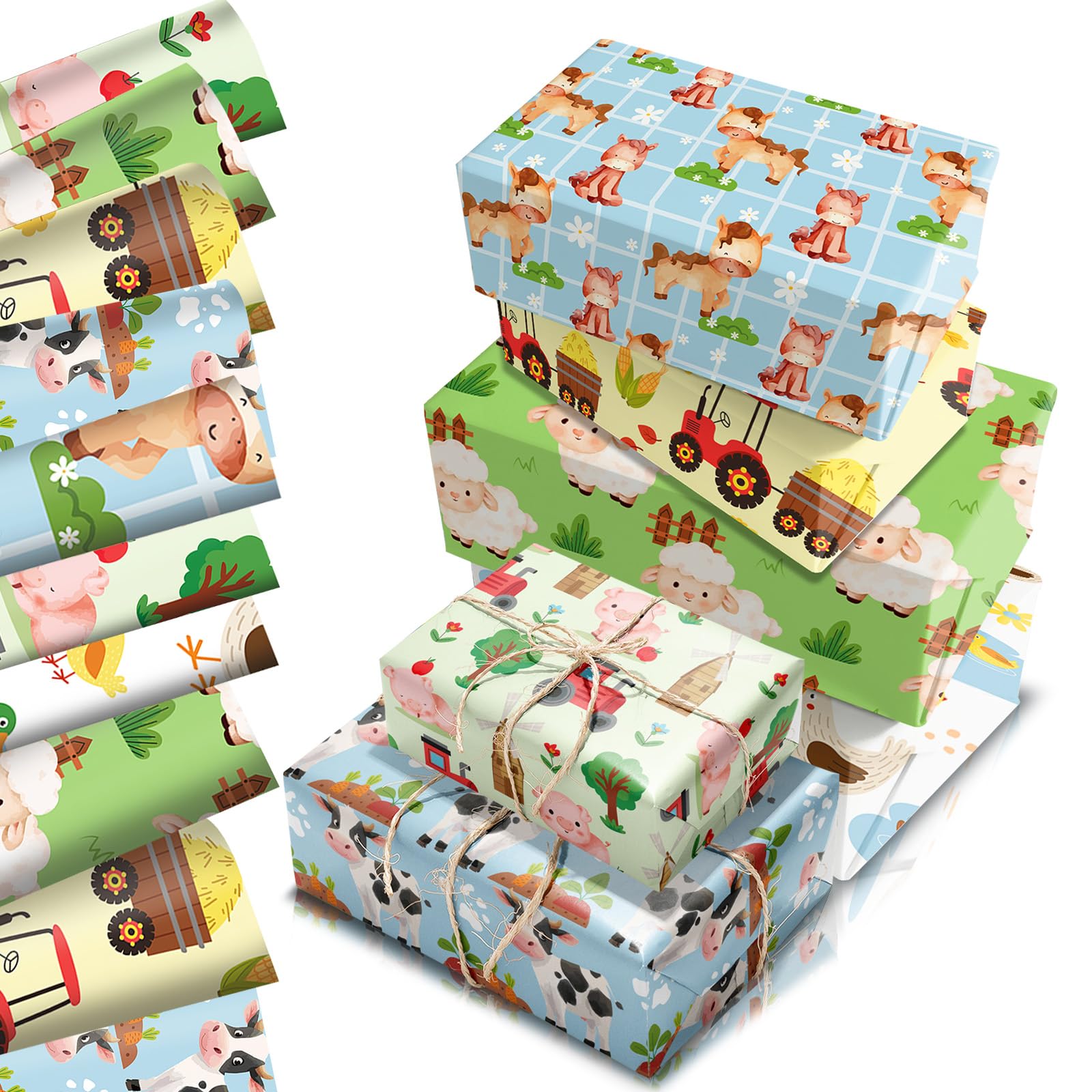 Farm Animal Wrapping Paper Sheets 68x50cm,12 Sheets Cow Pig Horse Duck Pets Tractor Gift Wrapping Paper,Recyclable Farmyard Birthday Wrapper for Kids Boys Girls Animal Party Gift Wrap Boxes Decoration โ image 1