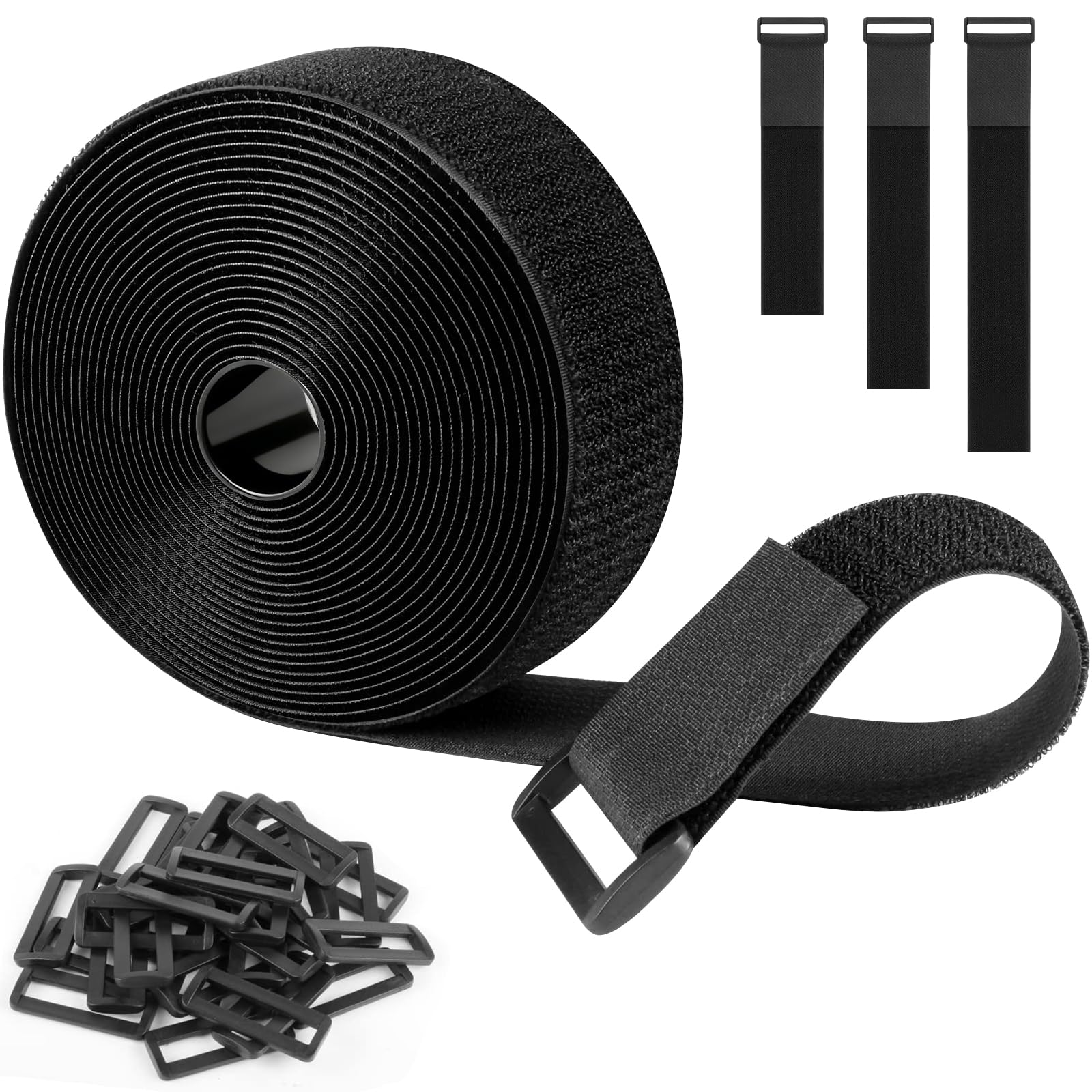 SURFOU Tape Self-Adhesive 6 m × 50 mm with 30 Buckles, Cut to Size Reusable Cable Tie, Adjustable Strap for Cables, Hoses and Pipes ⟮Black⟯
