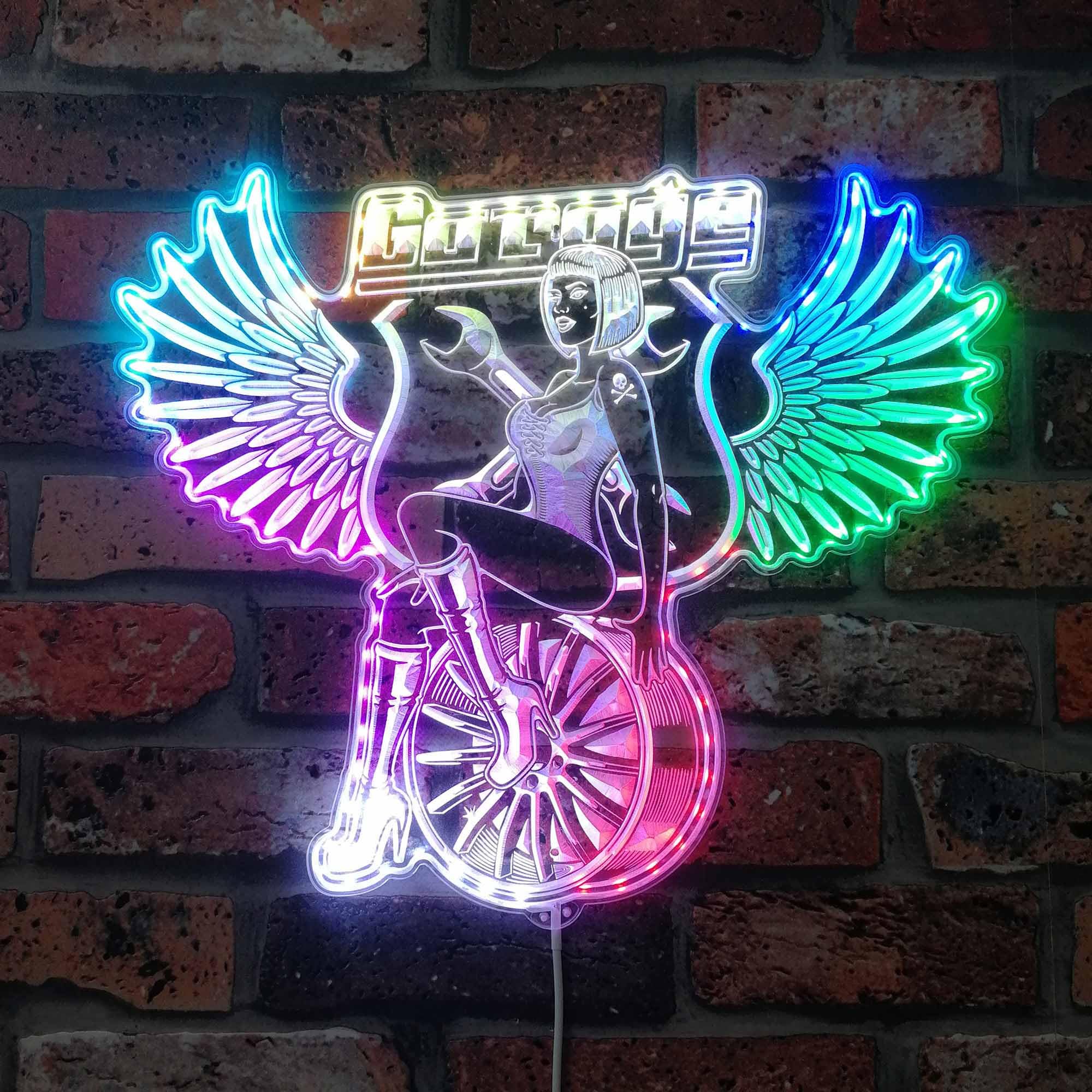 ADVPRO Sexy Wing Girl Sitting on Wheel Rim Pin Up RGB Dynamic Glam LED Sign - Cut-to-Edge Shape - Smart 3D Wall Decoration - Multicolor Dynamic Signage st06s43-fnd-i0329-c