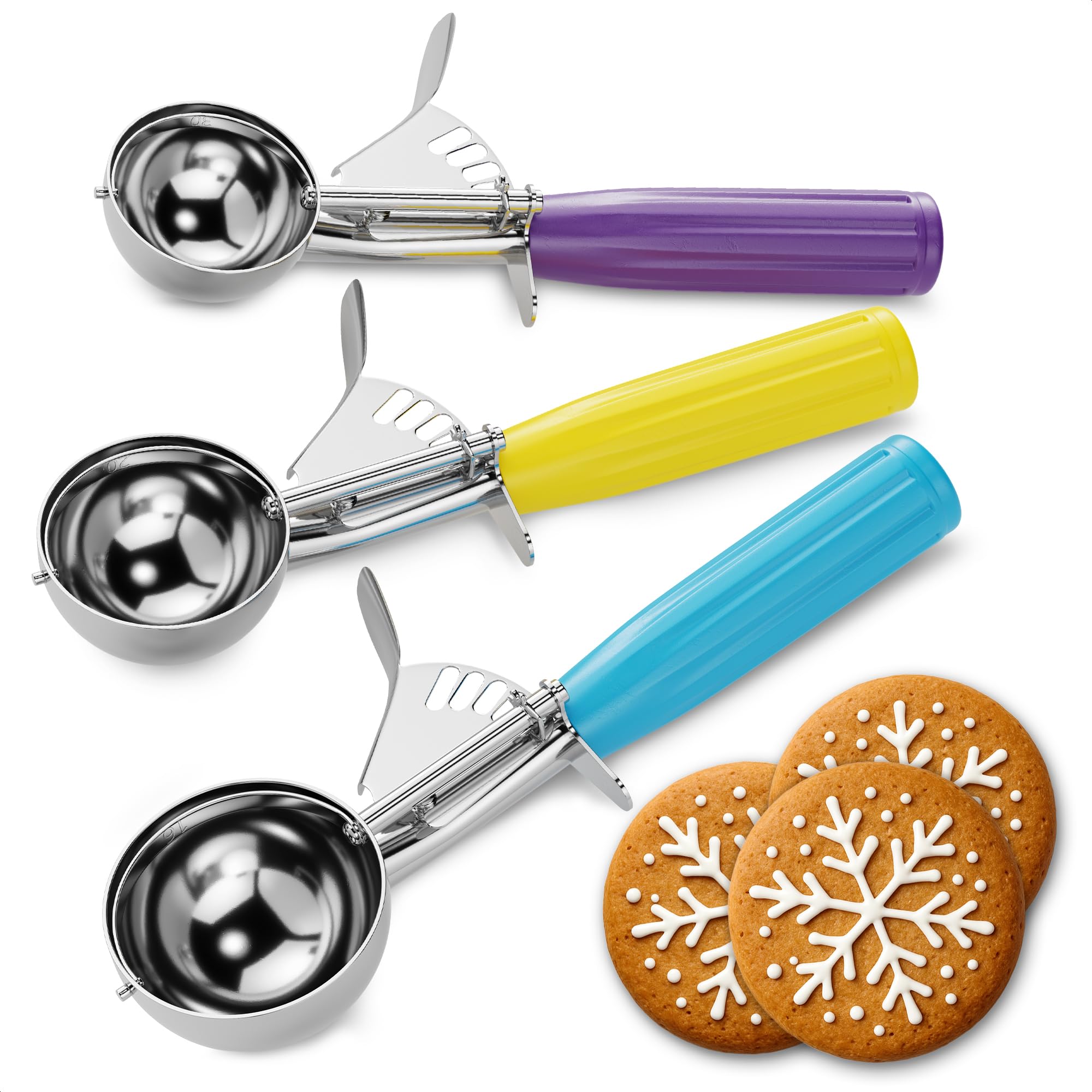 Cookie Scoop Set of 3 - Ice Cream Scoop with Trigger - Christmas Cookie Scoops for Baking Set of 3, #16 (2.7 oz), #20 (2 oz), #30 (1.25 oz), Stainless Steel Versatile Tool for Baking and Desserts