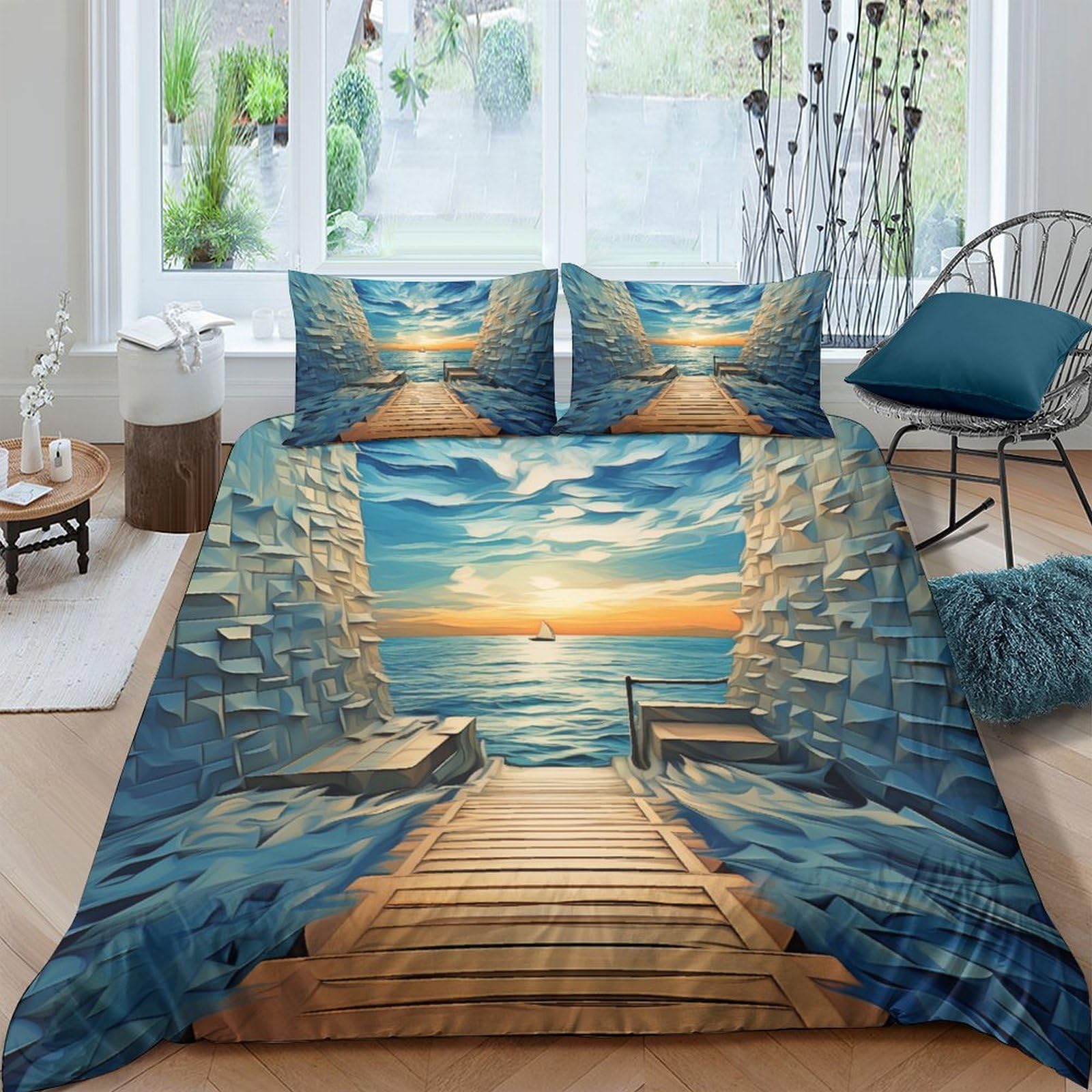 Housse de couette mer paisible anti-plis en microfibre douce avec zip