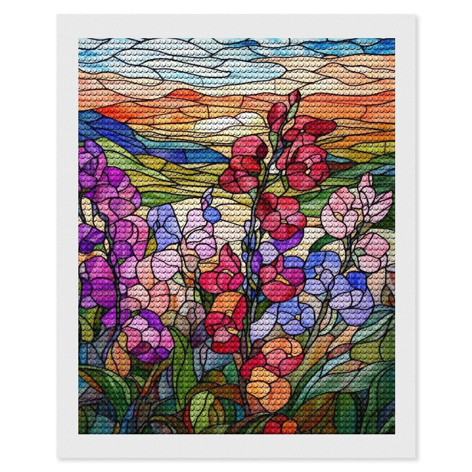 Junmoney Stained Glass Sunset Flowers DIY Diamond Art Canvas Kit 16"x20", for Teens, Finish and Display, Holiday Gift Idea, Vintage Style Decor