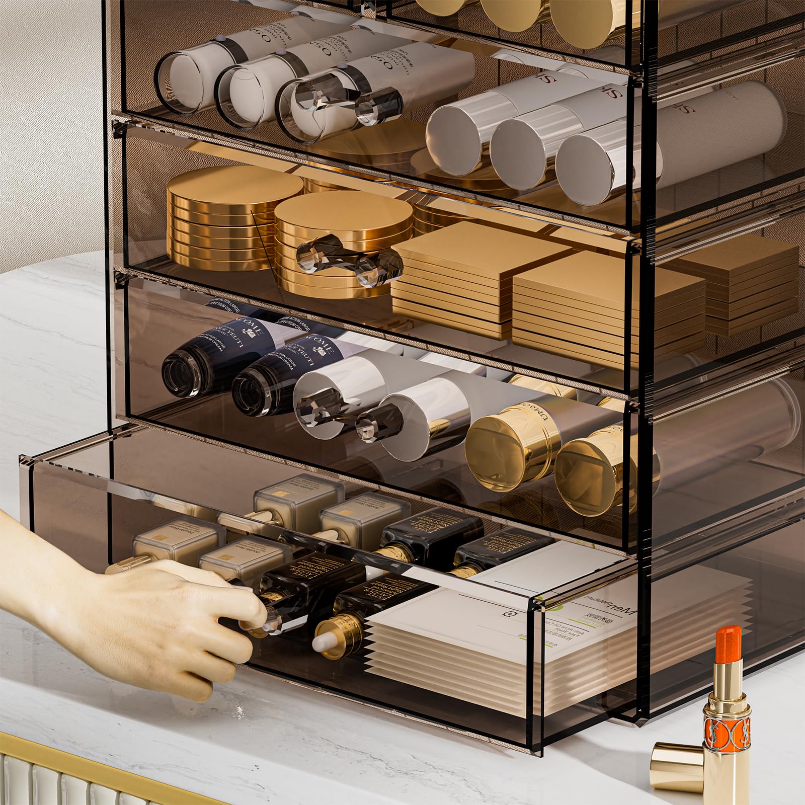 COMVTUPY Acrylic Clear Large Makeup Organizer - Jewelry Holder Organizer, Perfect Make Up Organizers and Storage for Vanity, Bathroom (4 Large, 2 Small Drawers - Brown)