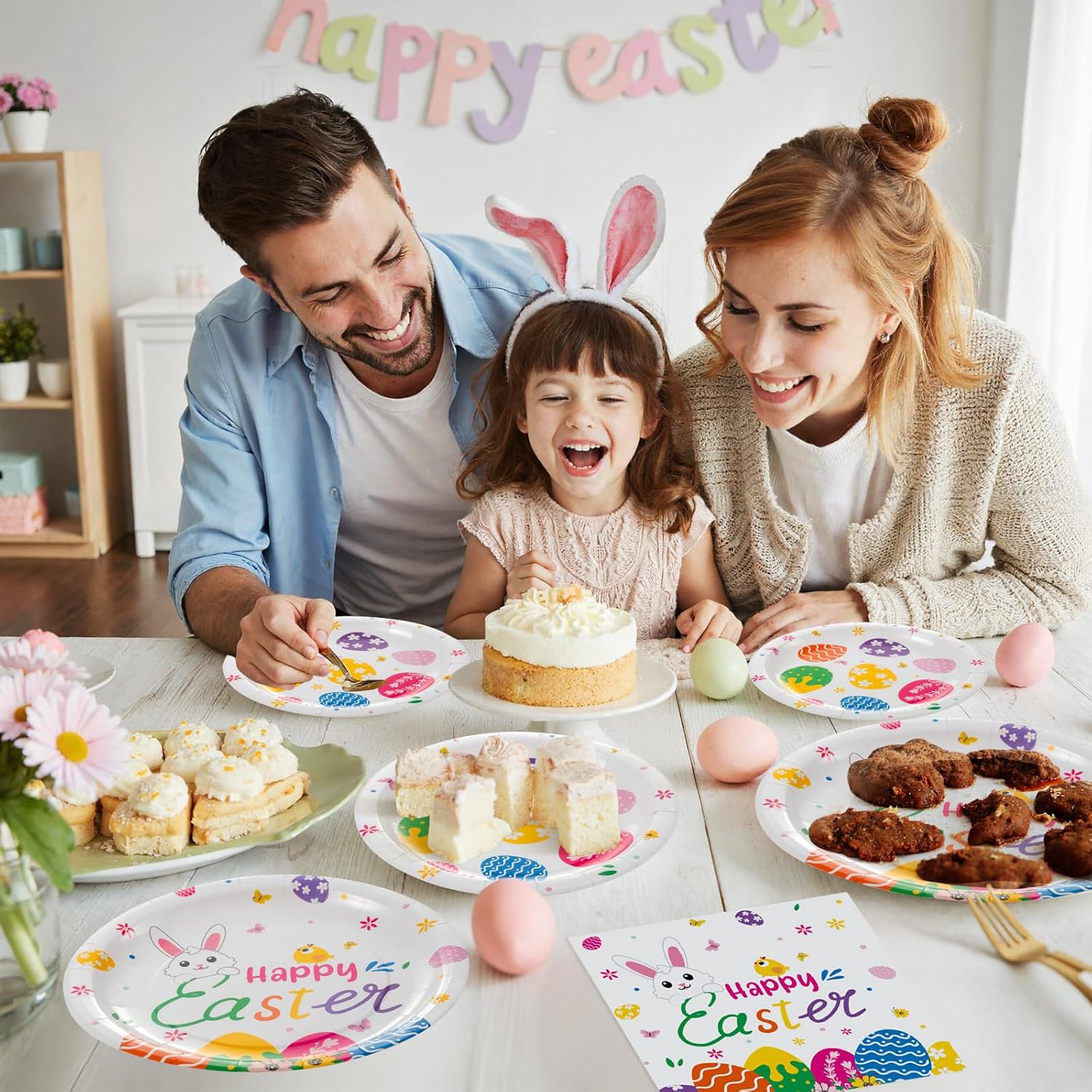 150 Pcs Happy Easter Plates and Napkins - Easte Egg Paper Dinnerware Set, Cute Eastes Rabbit Dinner Dessert Plates Luncheon Napkins Tableware for Easter Activity Party Supplies Table Decor, Serves 50 - Image 6