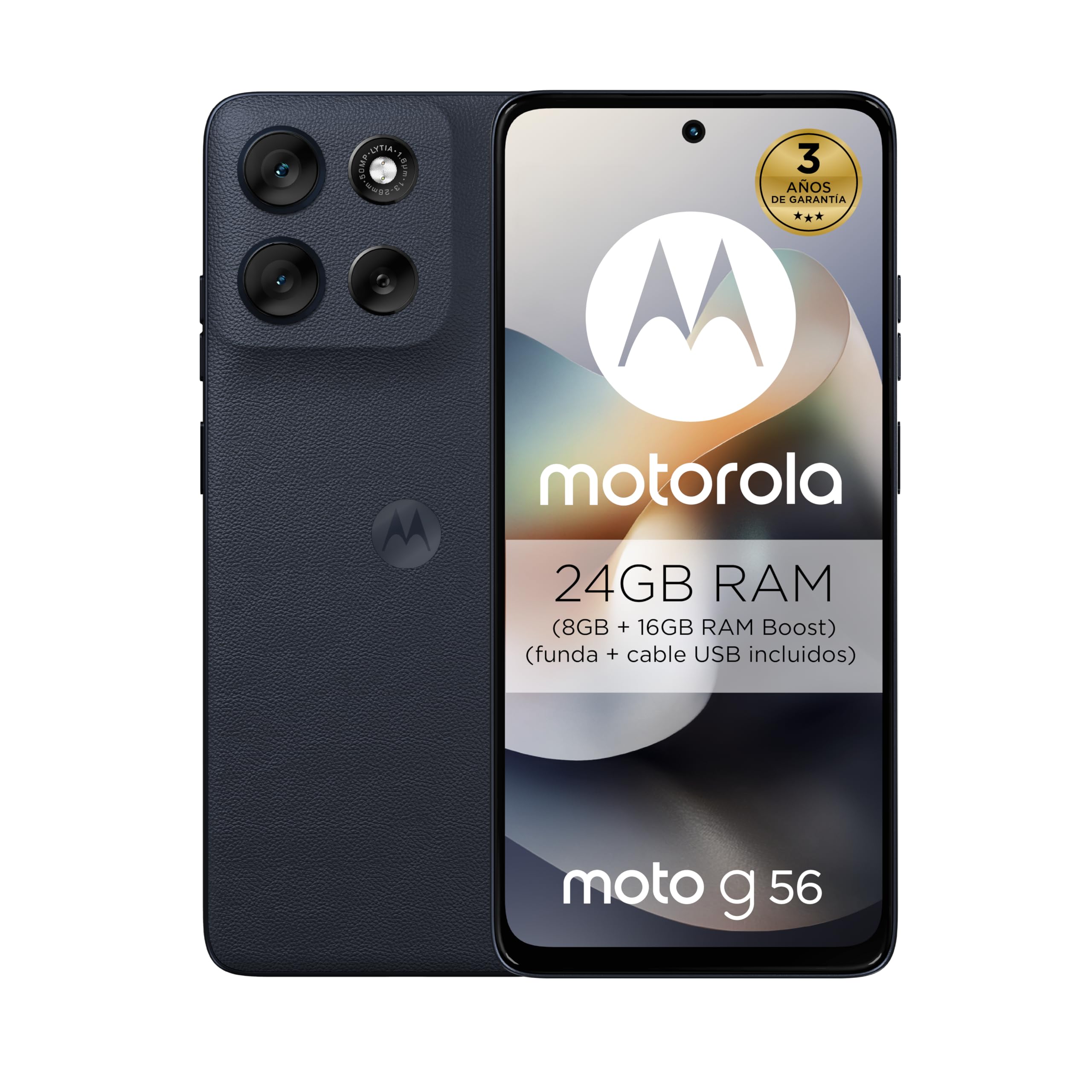 Moto g56 5G 24GB (8GB+16GB RAM Boost)/256GB Negro, Durabilidad Militar, IP68/69, Corning® Gorilla® Glass 7i, Pantalla 6.72″ Full HD+, Cámara 50 MP con Moto ai,Batería 5200 mAh,Carga TurboPower™ 30W