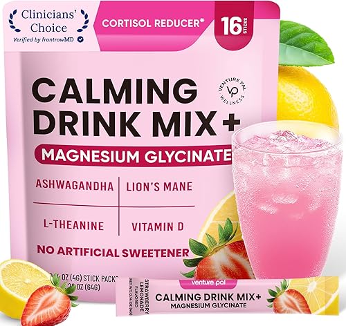 Venture Pal Mezcla de bebida tranquila, reductor de cortisol y ayuda para dormir con glicinato de magnesio, Ashwagandha, L-teanina, vitamina D,