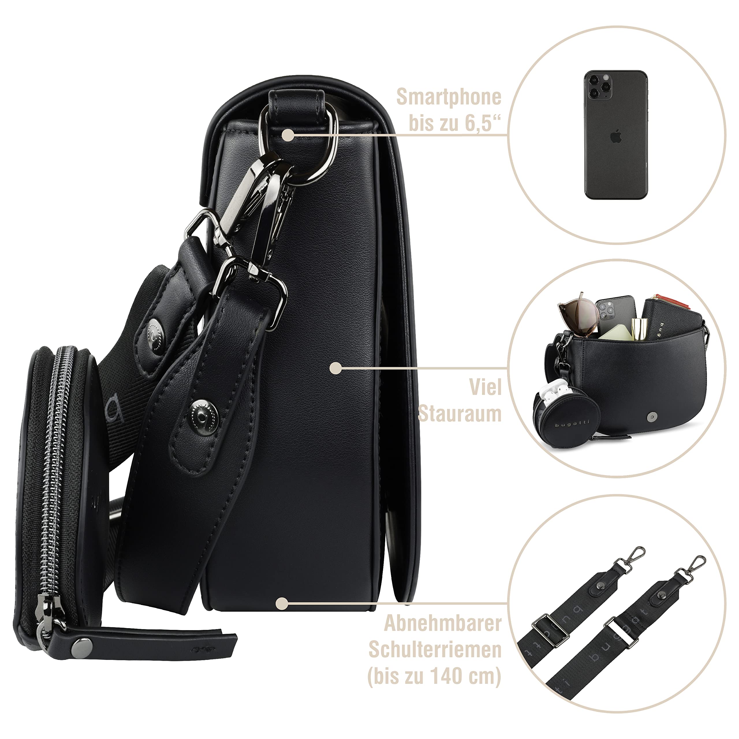 bugatti Almata Schultertasche für Damen, Umhängetasche aus hochwertigem Kunstleder, schwarz