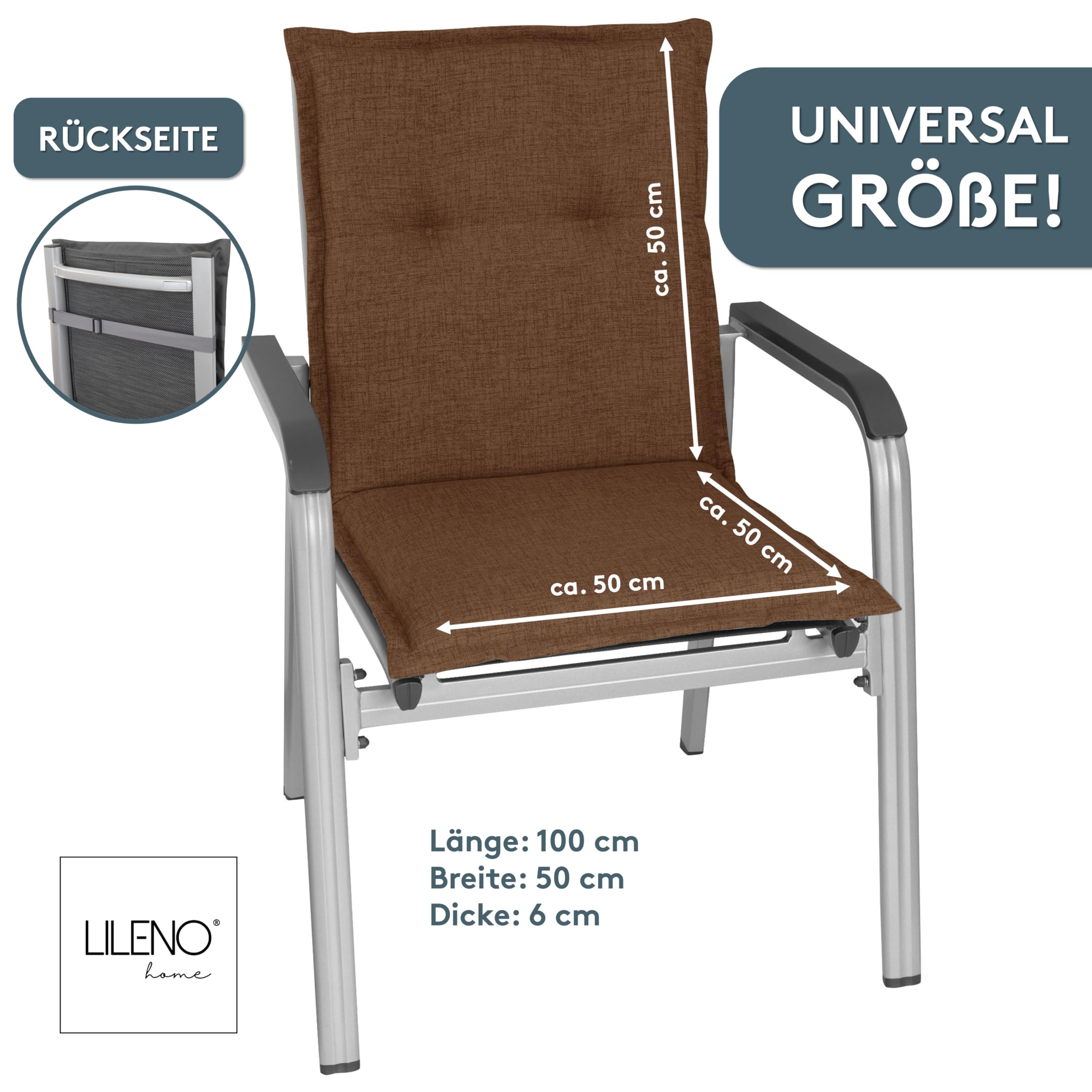 LILENO HOME Set di 2 cuscini per sedia da giardino, con schienale basso, colore marrone, comodi cuscini per sedie da giardino e sedie pieghevoli