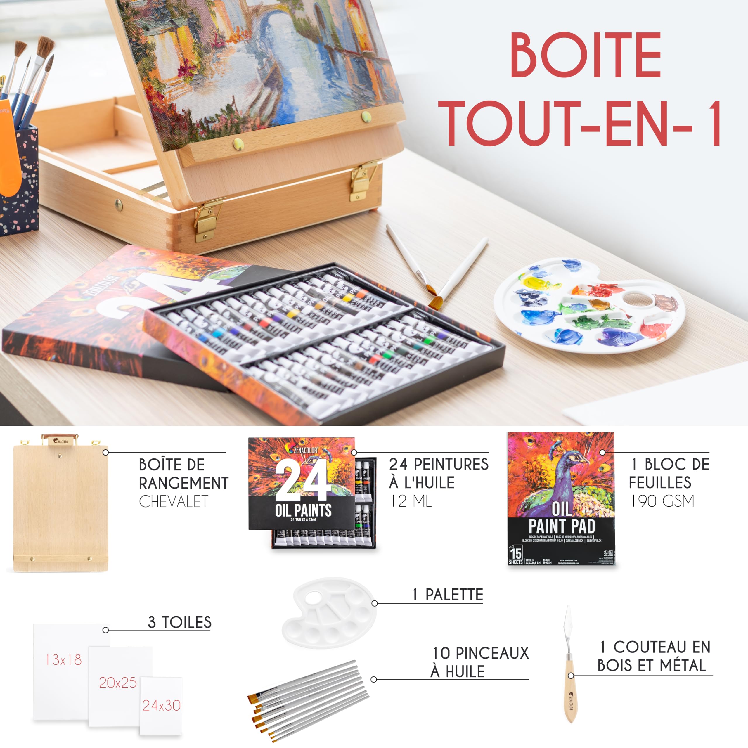Chevalet Peinture et Peinture à l’Huile - Kit Peinture 41 Pièces : 24 tubes de peinture 3 toiles peinture 1 Bloc Papier 10 Pinceaux 1 Couteau 1 Palette 1 Chevalet de table pliable Zenacolor