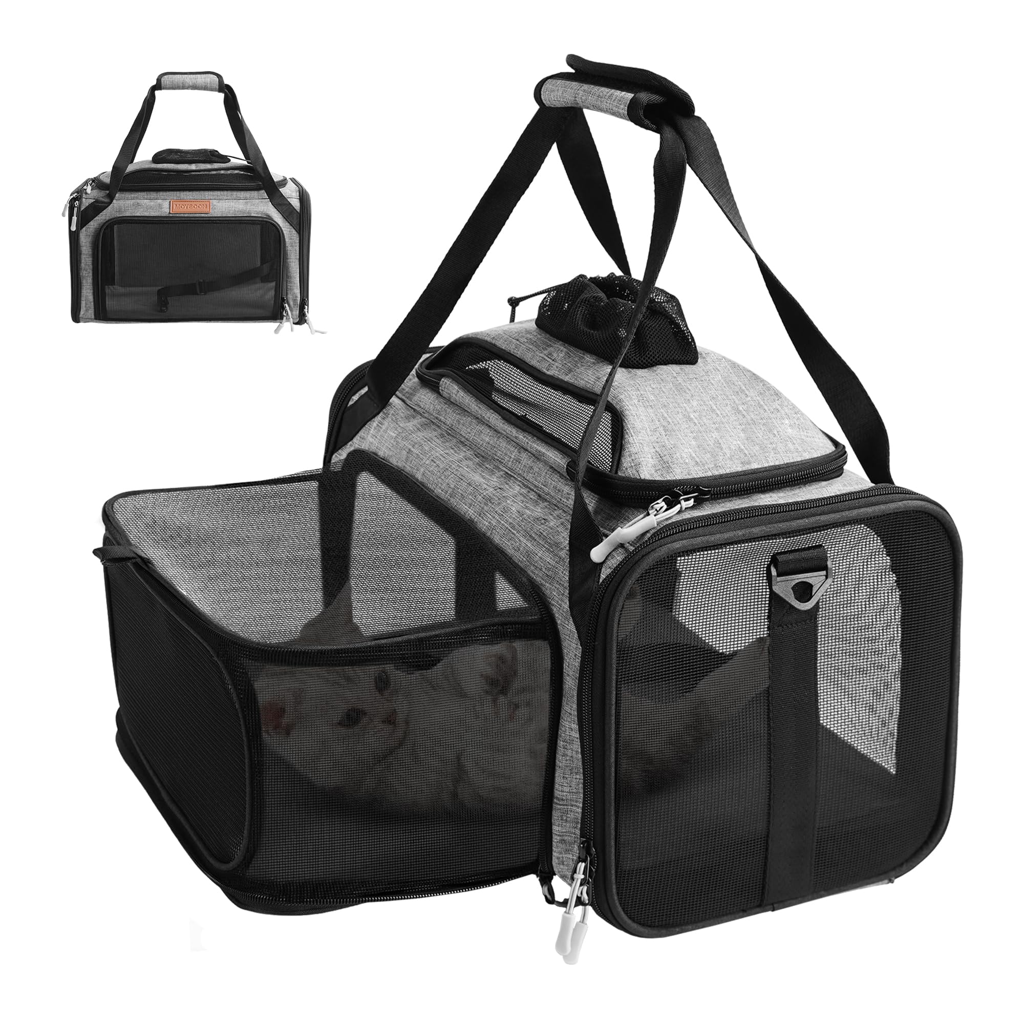 PETUX Top and Side Expandable Pet Carrier for Small Pets Up to 11 lb - 17 x 11 x 9.5 in, Underseat, Soft-Sided Airline Approved Cat Dog Carrier with Safety Buckle and Anti-Scratch Mesh - Grey