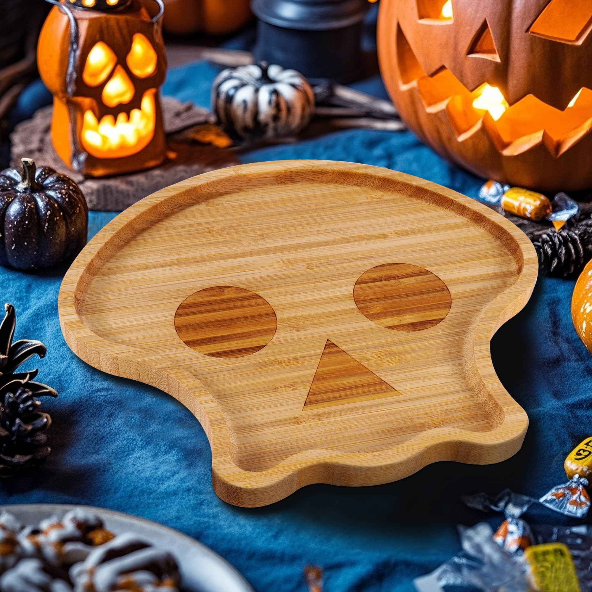 TJ POP Tagliere di Halloween piccolo a forma di teschio – Bambù vassoio da portata per snack, dolci e caramelle, decorazione per la tavola delle feste