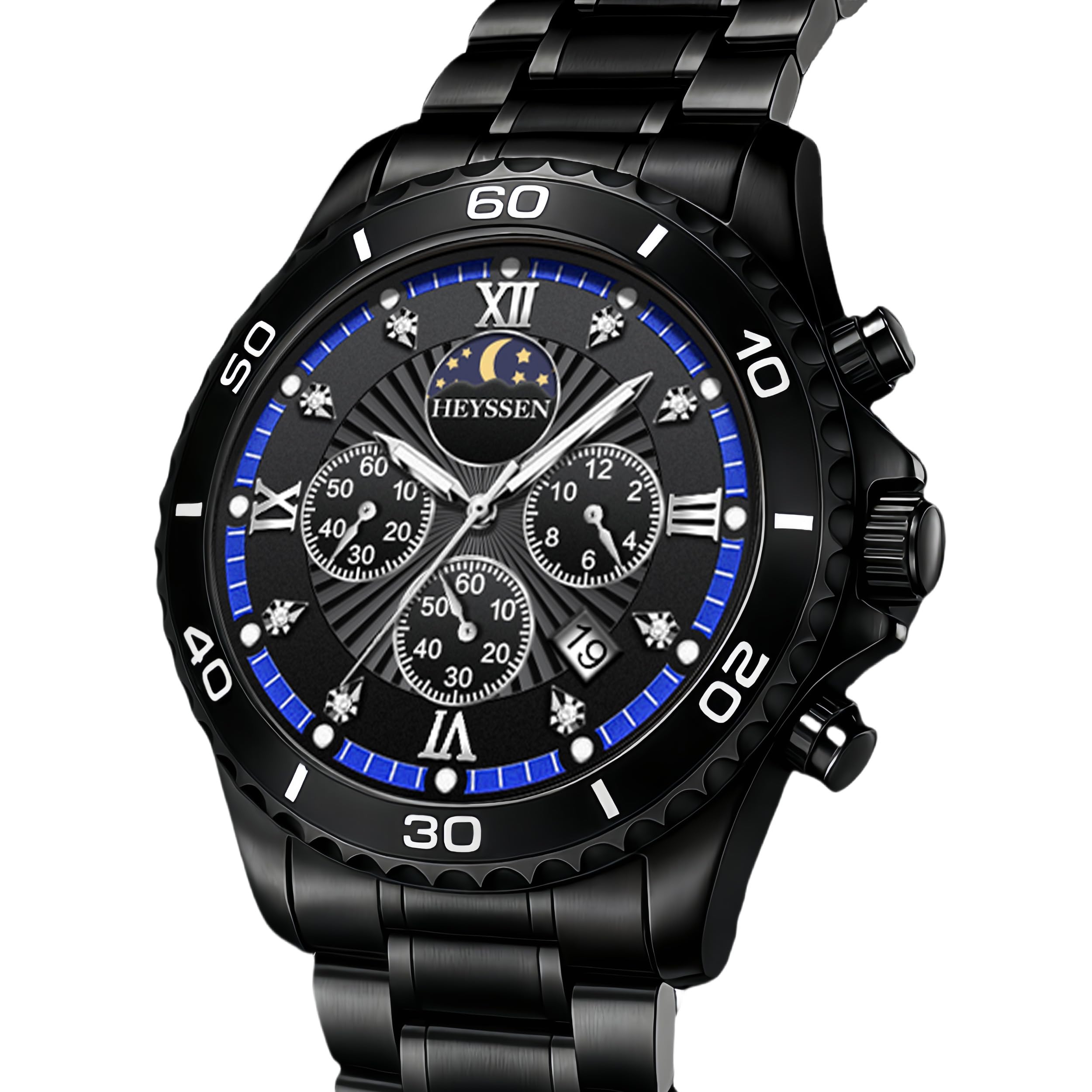 Watches for Men Stainless Steel: Dress Watch for Mens Quartz Analog Wrist Luxury Black Metal Tone Blue Dial Big Classic Diver Waterproof Chronograph Black Face Business Man Gift