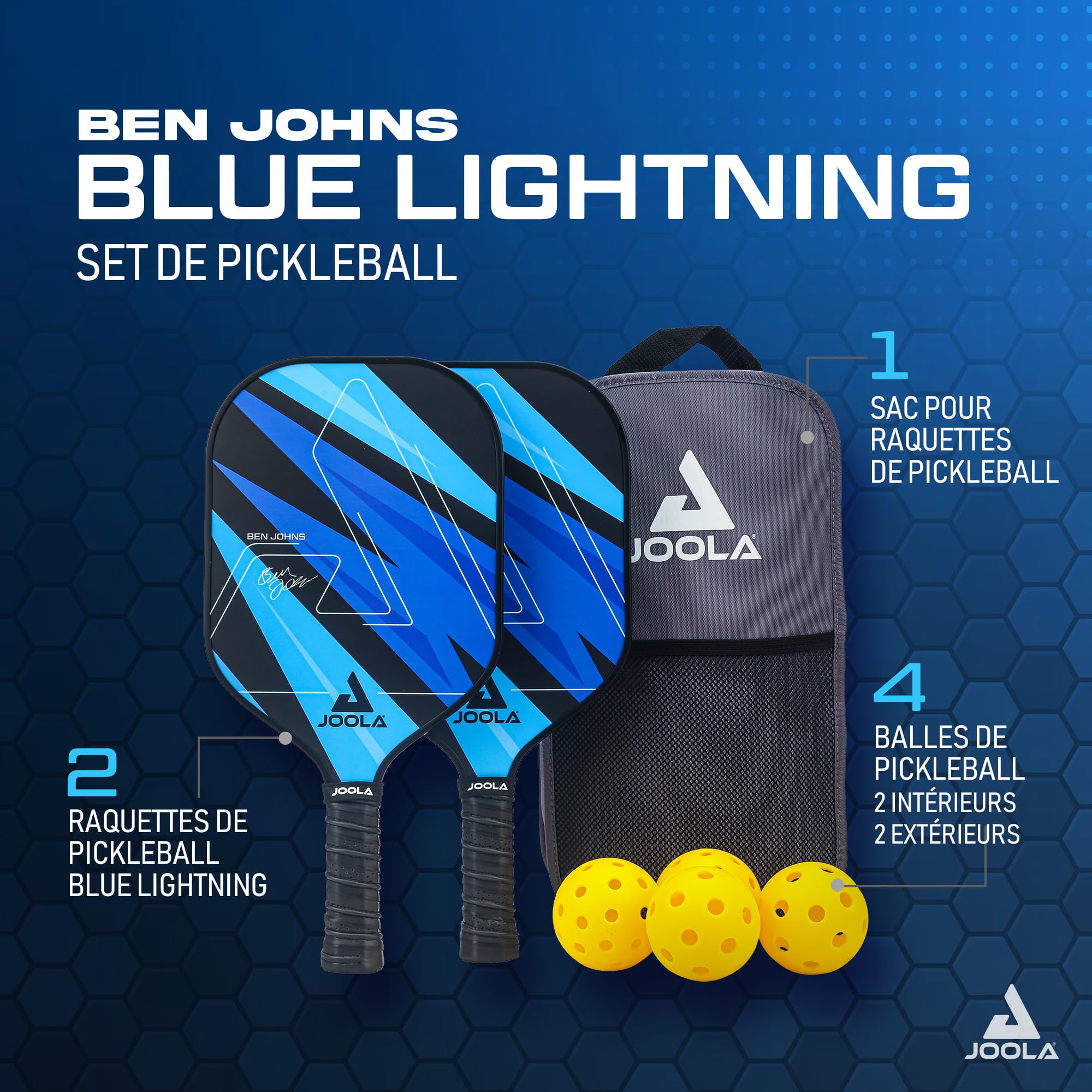 JOOLA Pickleball Set Blue Lightning Comprenant 2 Raquettes, 4 balles et Un Sac, idéal pour Les Joueurs Occasionnels, 7 pièces