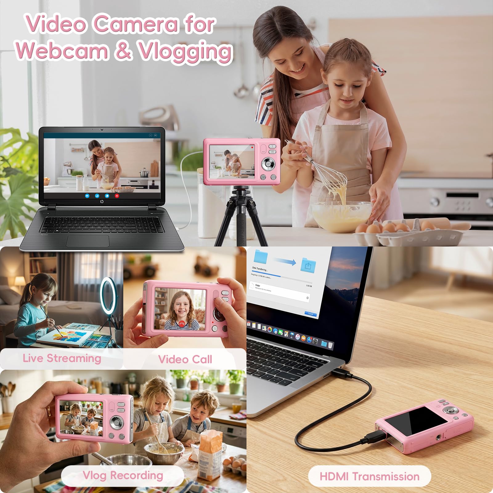Macchina Fotografica Digitale 64MP 4K Fotocamera Digitale con Zoom Digitale 16X Ricaricabile Macchina Digitale Compatta con Scheda da 32GB per Bambini Studenti Principianti (Rosa)