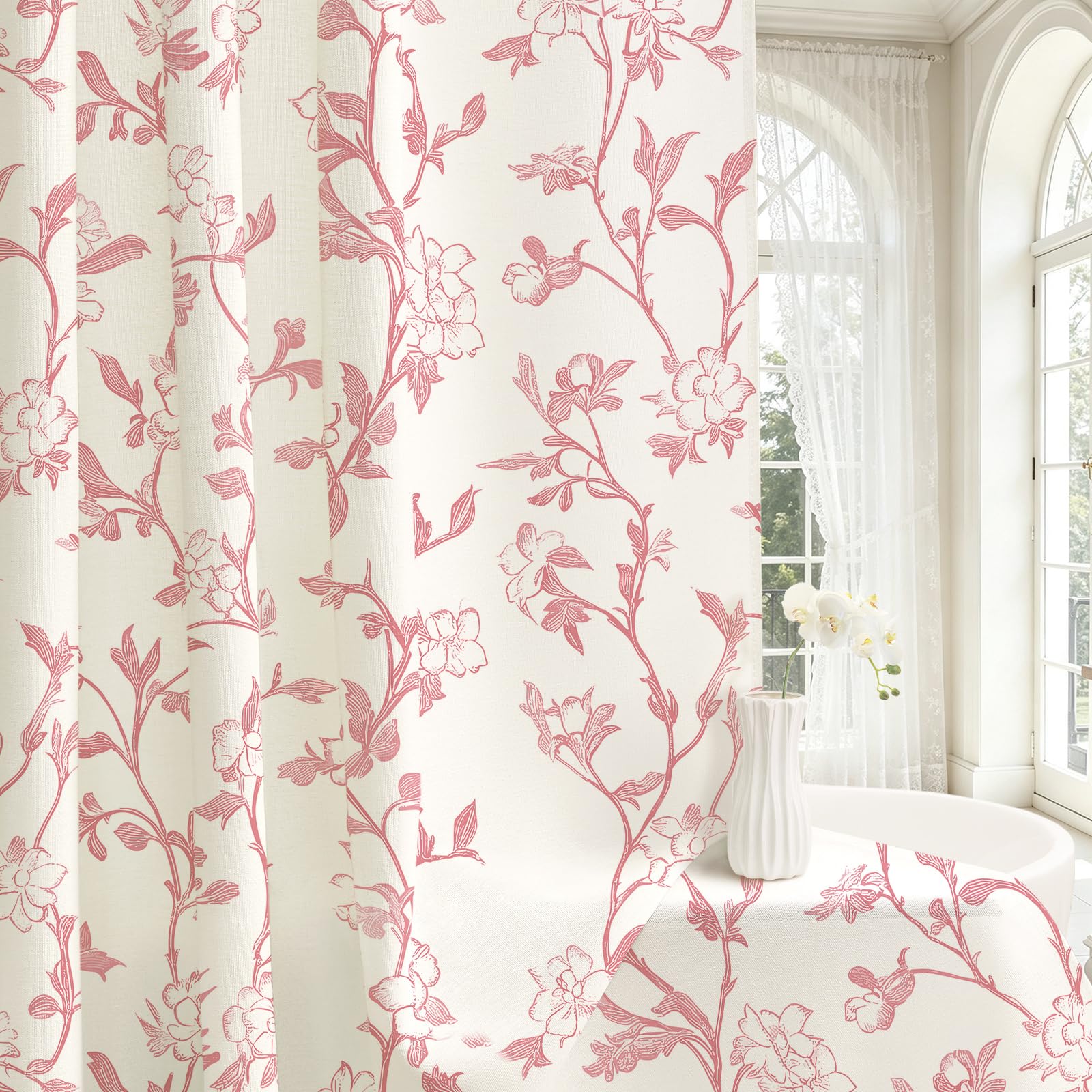 Pink Floral Cotton Shower Curtain, Cottage Farmhouse Fabric Curtain, 72x72
