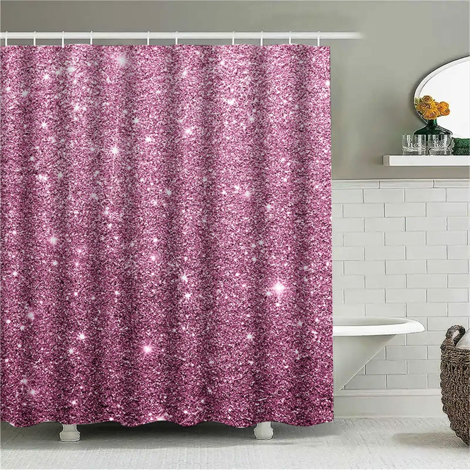 Tenda Doccia Tenda da doccia scintillante Copri tappeto bagno con glitter rosa for arredo Divisorio impermeabile in tessuto poliestere 72x84 pollici(180x180cm)