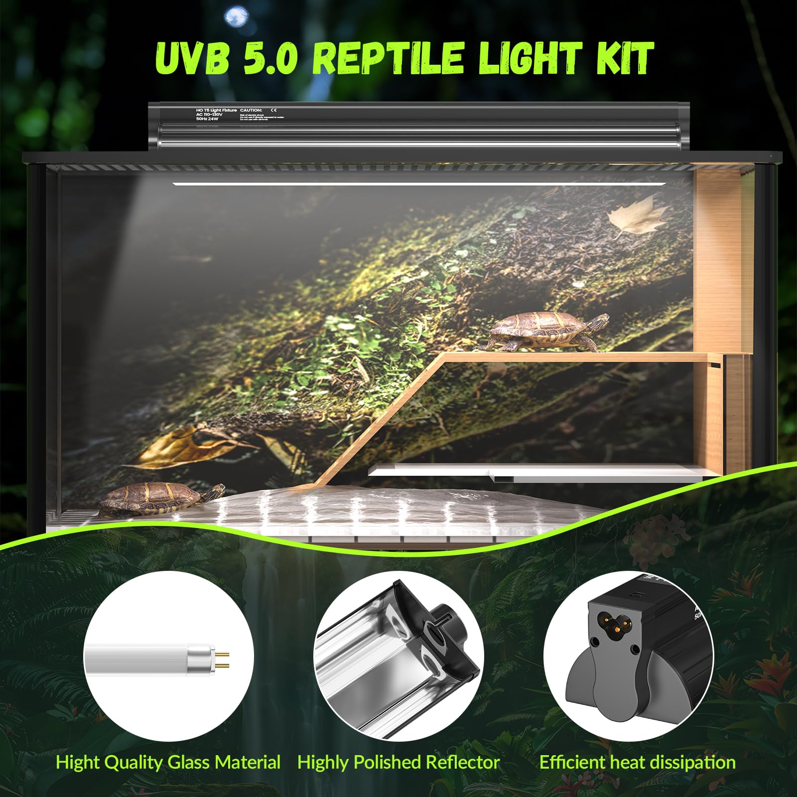 GlowUp 22inch 24W T5 5.0 UVB Light for Reptiles Light Fixture Combo Kit Reptile Lamp Tube Terrarium Hood UVB Light for Bearded Dragon Rainforest Dwelling Reptiles, Chameleons, Iguanas, Turtles - 5