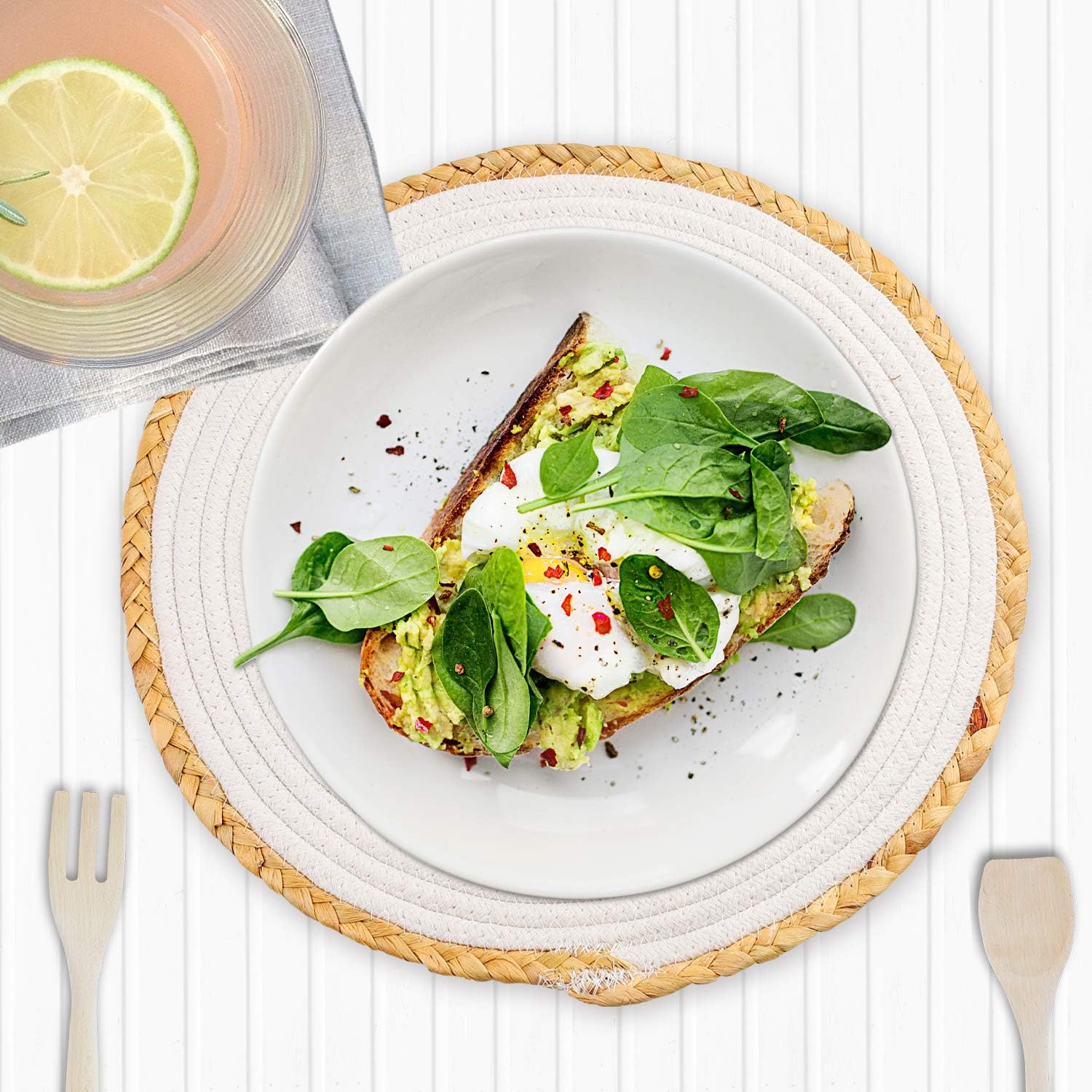 🔥 Hot Deals Natural Woven placemat Handmade rattan-100% Water Hyacinth and Cotton Thread, White and Gray, Used for Table placemat (Round) (White)