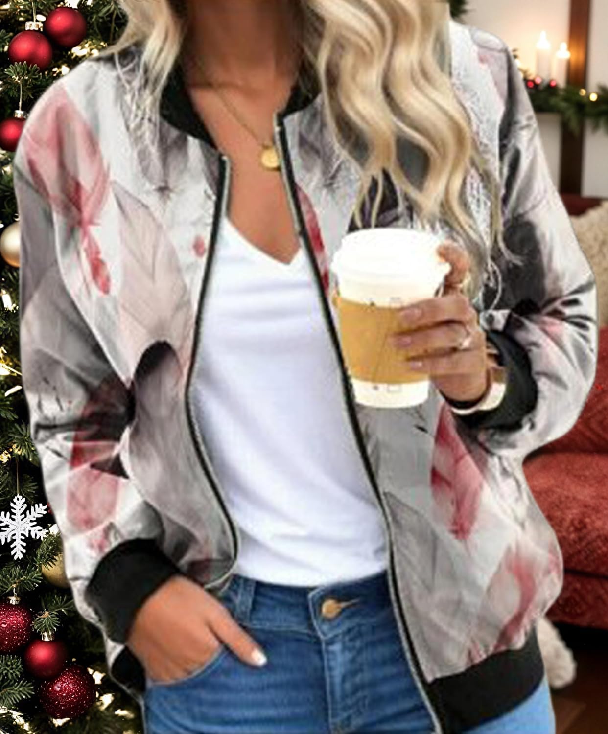 HipGlamp Women's Floral Print Bomber Jacket Casual Vintage Zip Coat Lightweight Long Sleeve Outwear Tops Windbreaker - Image 2