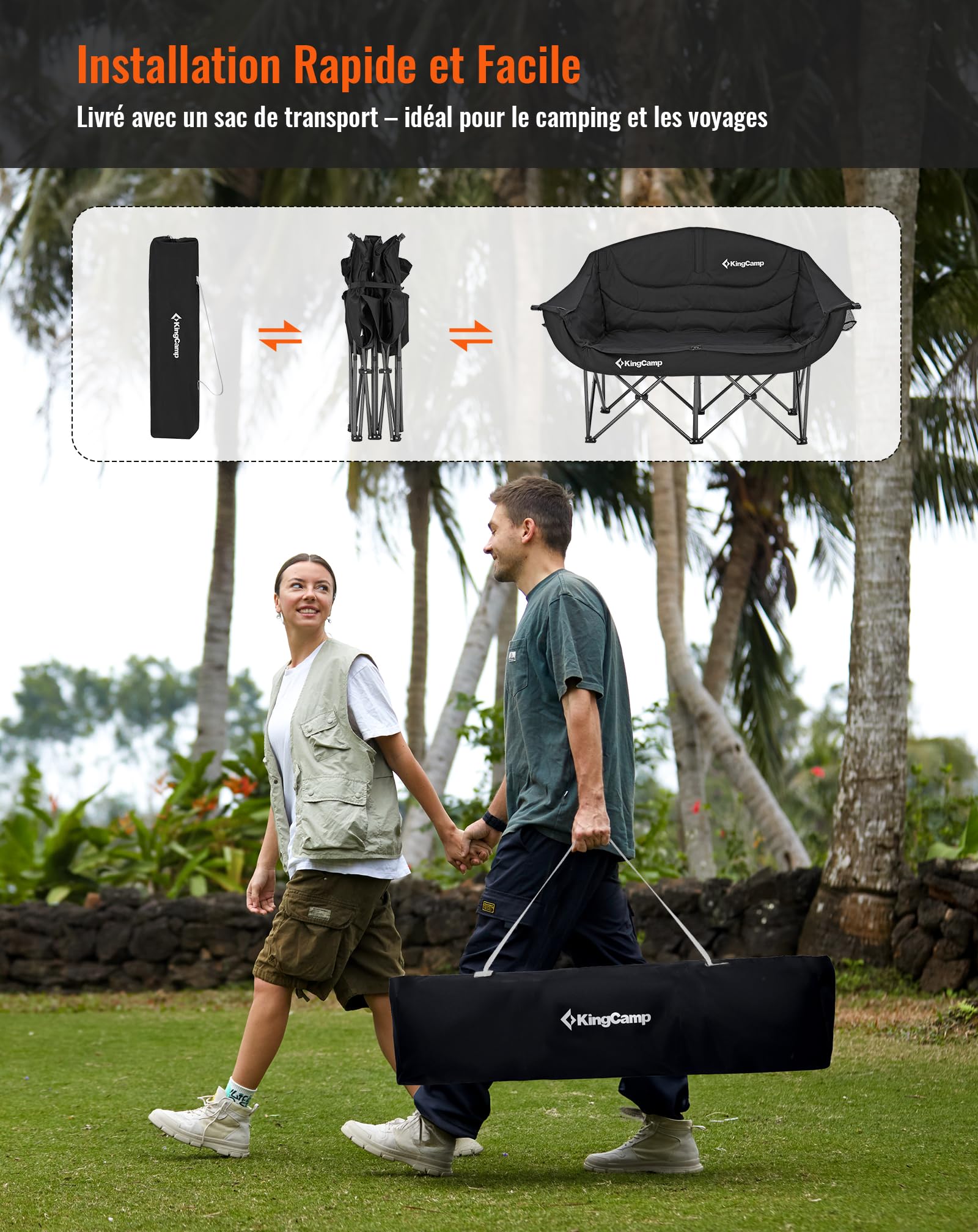 KingCamp XXL Chaise de Camping Pliante pour 2 Personnes, Jusqu'à 300 kg | Fauteuil de Camping Pliable Rembourrée, Porte-Gobelet, Porte-Verre à Vin, Dossier Haut, Canapé de Camping 1 2 & 3 Places