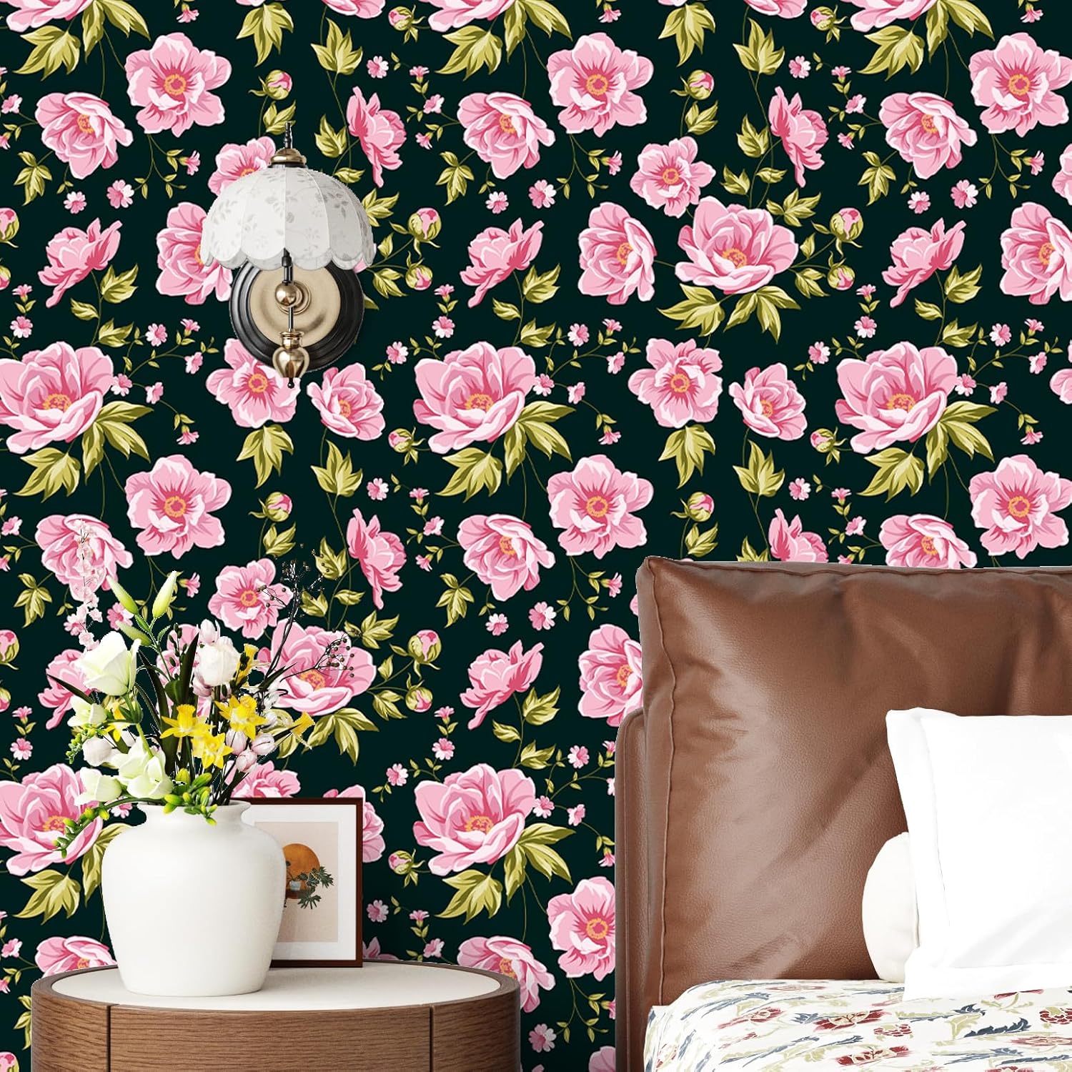 Black and Pink Floral Wallpaper Self Adhesive Black Pink Floral Wallpaper Peel and Stick Bright Flower Peony Wall Paper for Accents Wall Removable Peony Contact Paper for Cabinet 17.5×102''