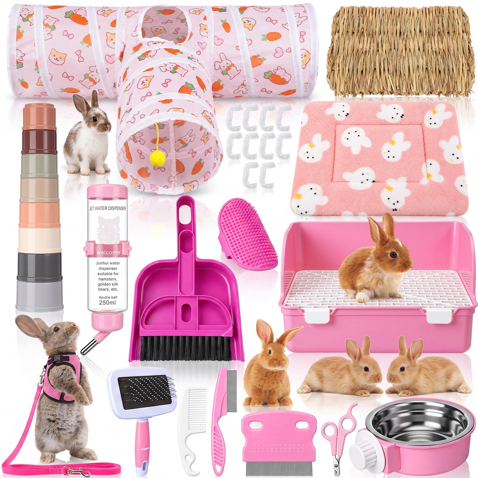 34-teiliges Kaninchen-Starter-Set, Kaninchentoilette, kleine Tier-Wasserflasche, Tassen, Hasentunnel, Tierpflegeset, Schüssel-Decke mit Reinigungsset für Meerschweinchen, Hasen (Stil 3