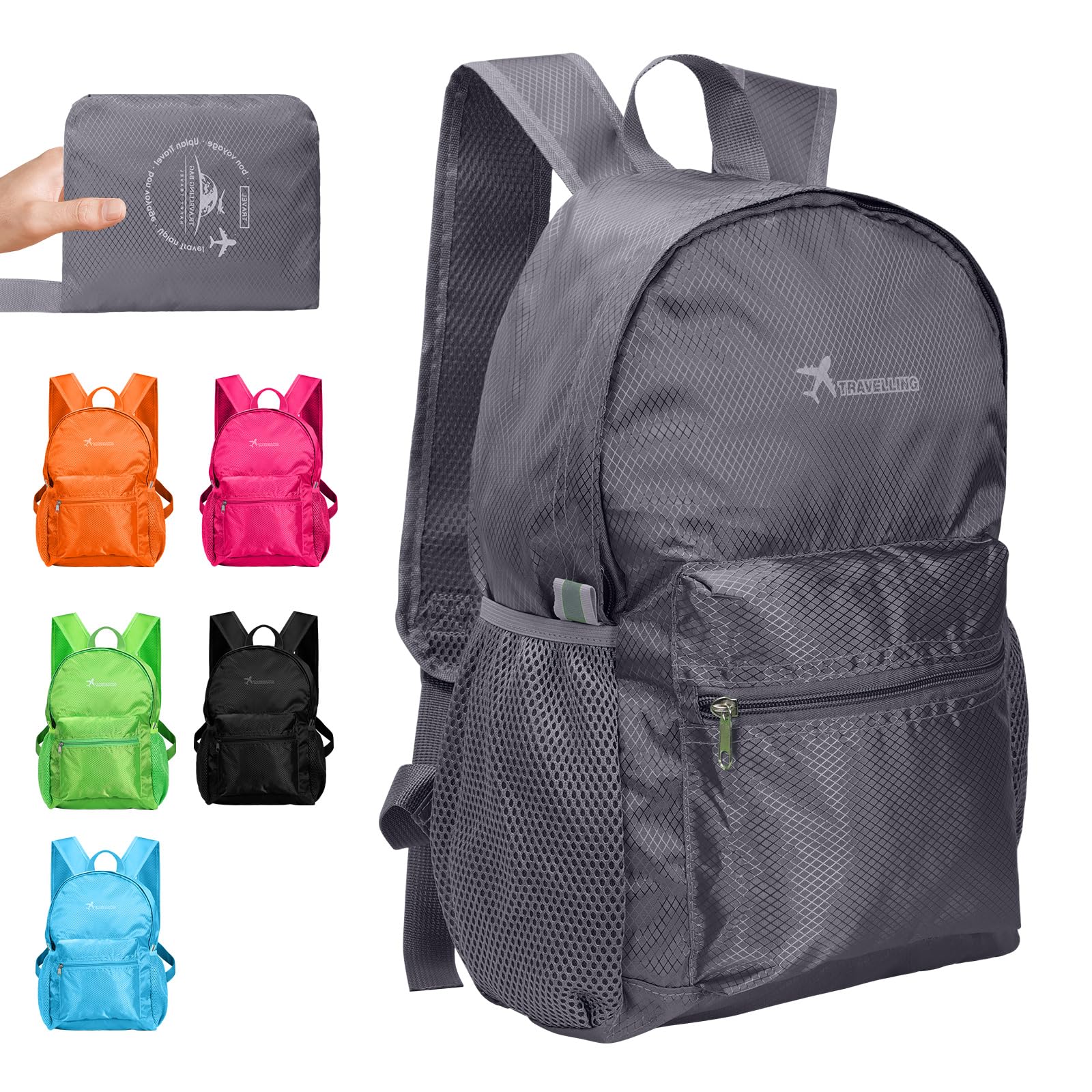 Risipu Lightweight Foldable Backpack Small Waterproof Hiking Rucksack Durable Packable Backpacks for Women Men Outdoor Hiking Biking Travelling Walking Camping (Medium-Grey)