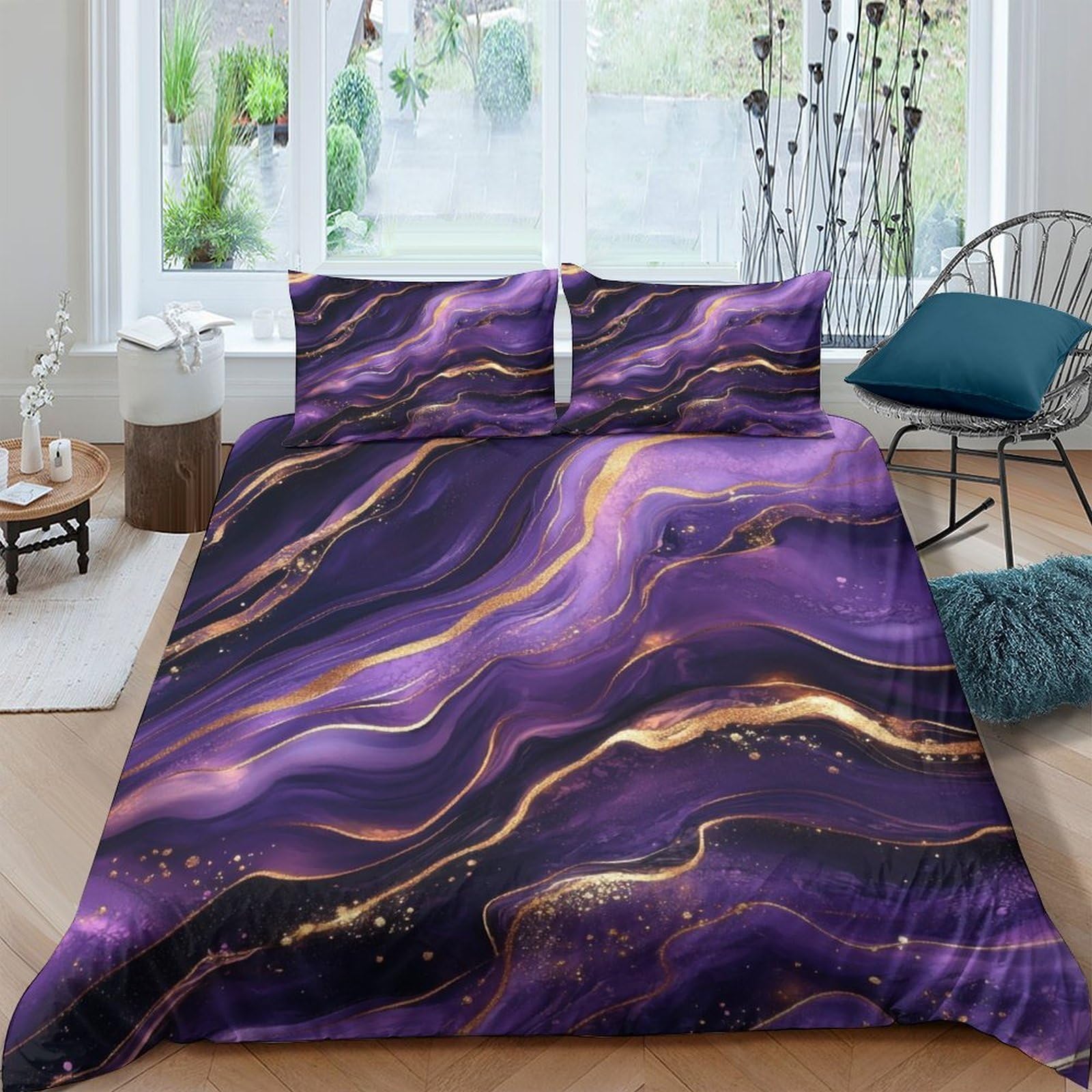Ctjqhvkz Style-6 3D Printed Purple Marble Fitted Sheet Microfiber Soft Gold Vein Bed Sheet Anti-Slip For Bedroom Guest Room Decor Single（135X200cm）