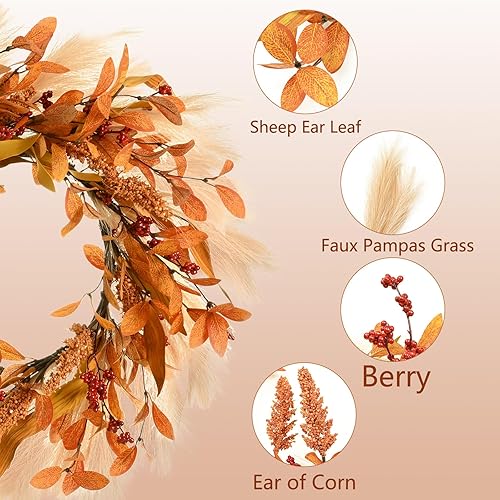 Miniatura 3 de Corona de otoño para puerta delantera, corona de otoño de 20 pulgadas, corona de puerta delantera de otoño con ganchos para decoración de porche