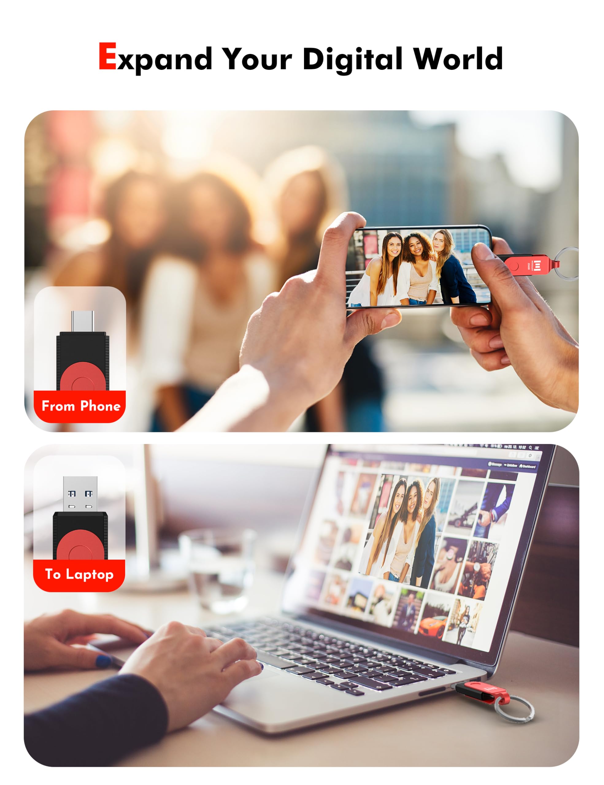 MOSDART ExFAT - Memoria USB 3.1 de 256 GB de velocidad rápida C y una unidad flash dual, con llavero e indicador LED, para iPhone 15 y 16, teléfono Android, iPad, MacBook y otros portátiles, color