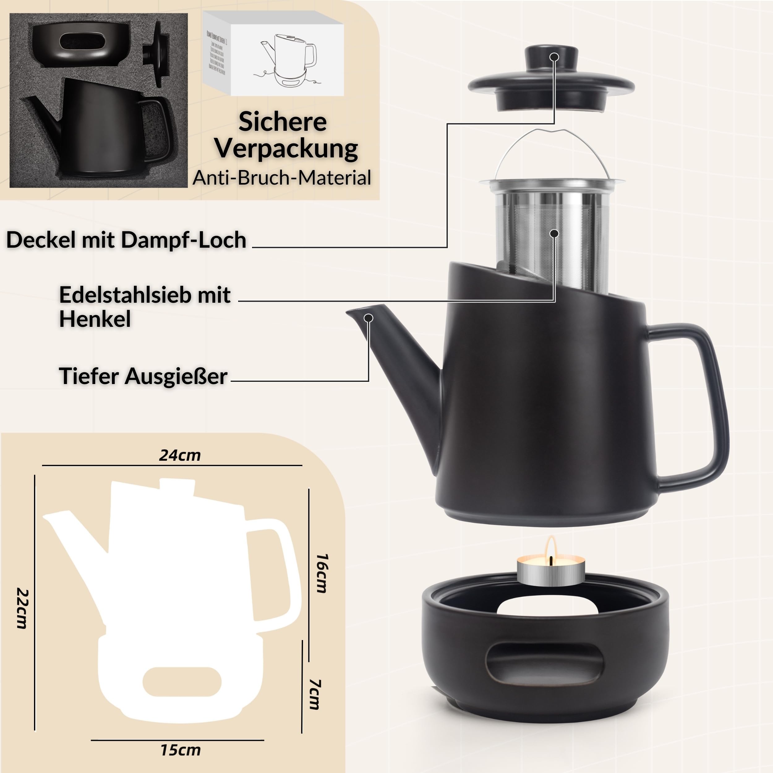 DEKAZIA® Keramik Teekanne mit Siebeinsatz und Stövchen Set - Großer Teapot für losen Tee, 1,2L Porzellan Kanne mit Edelstahl Filter und Teelicht Wärmer Schwarz Steingut