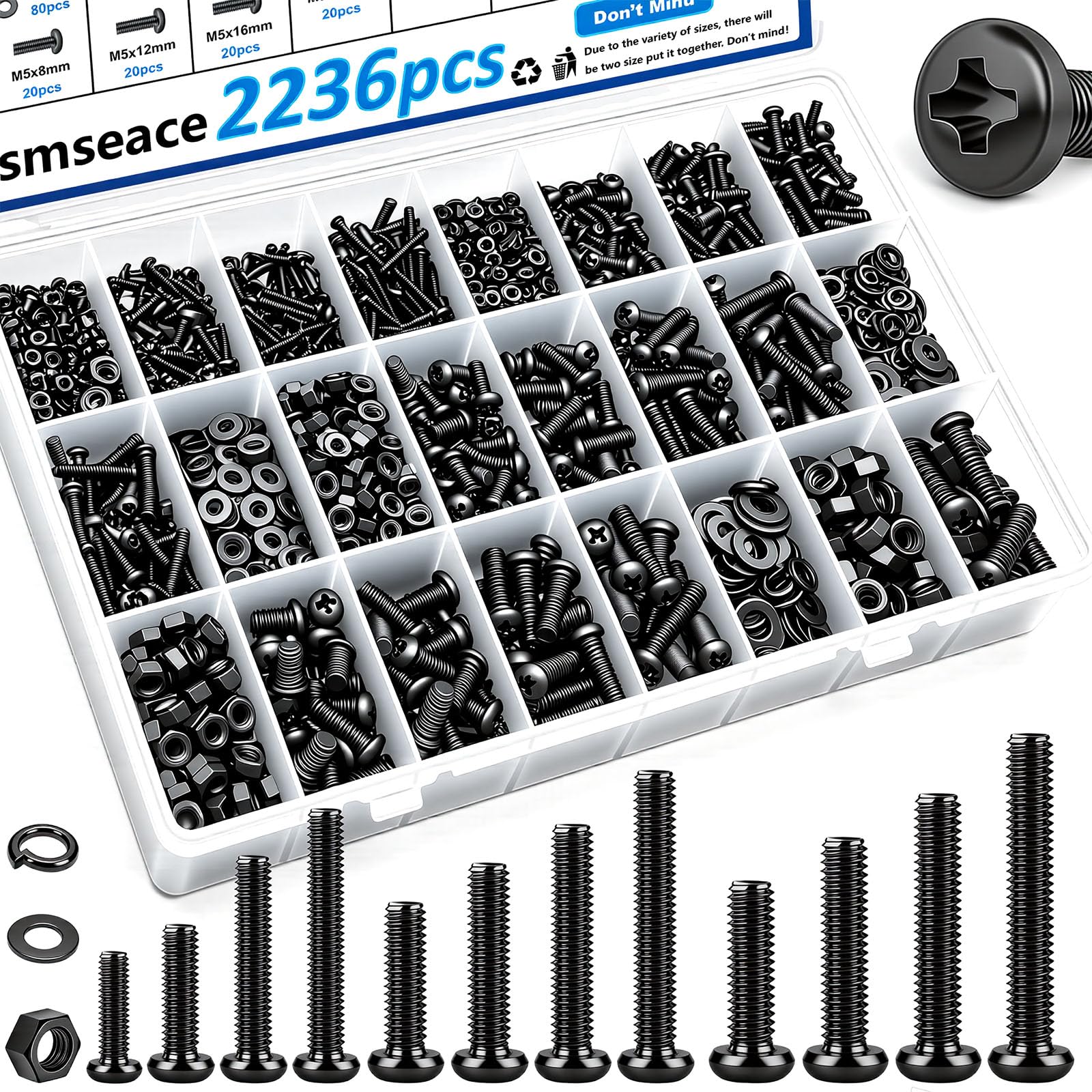 smseace 516Pcs Black Nuts and Bolts Assortment Kit 21-Sizes M3/M4/M5/M6 Nut Bolt Washer Assortment Kit for Machinery, Furniture, Automotive, Motorcycle Repairs — Amazon image 9