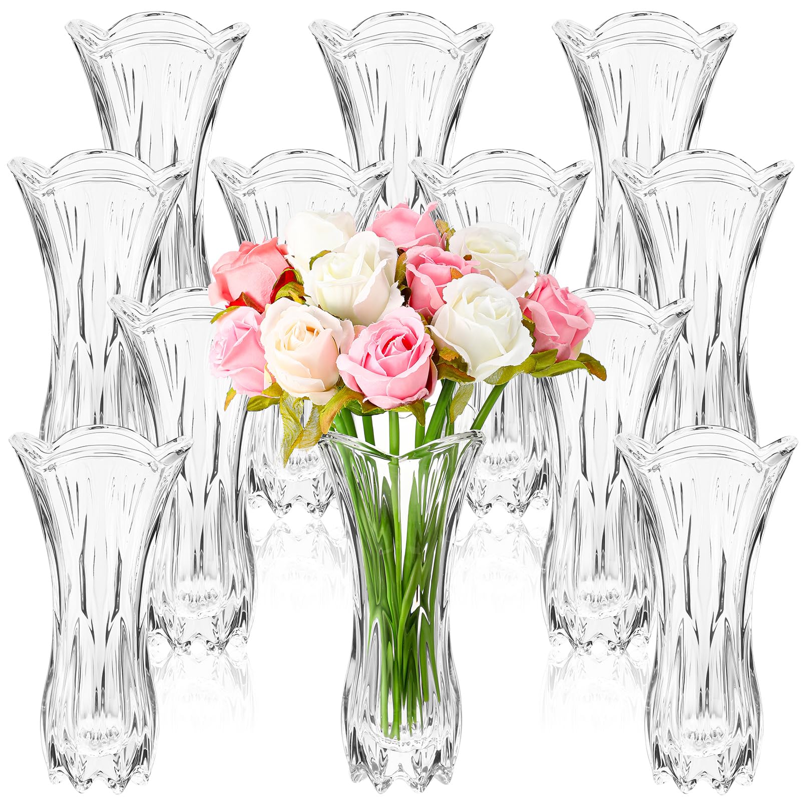 Mifoci 12 Pcs Glass Flower Vase Phoenix Tail Shape Clear Tall Vases for Flowers Thickened Decorative Crystal Vase for Home Wedding Gift Bouquet Bud Office Table Centerpiece Decor, 7.75 x 3.77 Inch