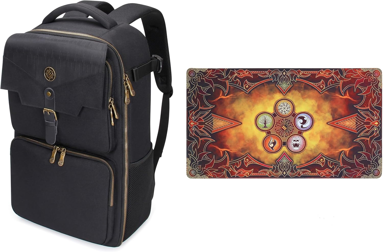 ENHANCE Tabletop MTG Backpack for TCG Card Storage + TCG Playmat (Flames) - Bundle