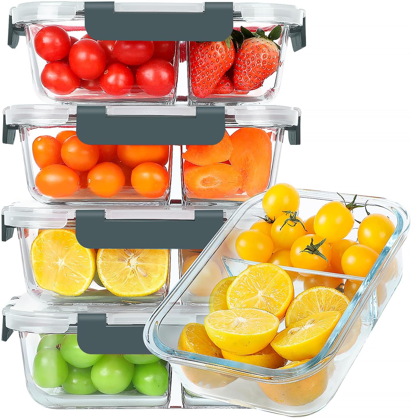 30 oz 5 Pack Glass Meal Prep Containers 2 Compartments, Glass Food Storage Containers with Lids, Airtight Glass Lunch Box, Microwave, Oven and Freezer Safe 30oz Gray