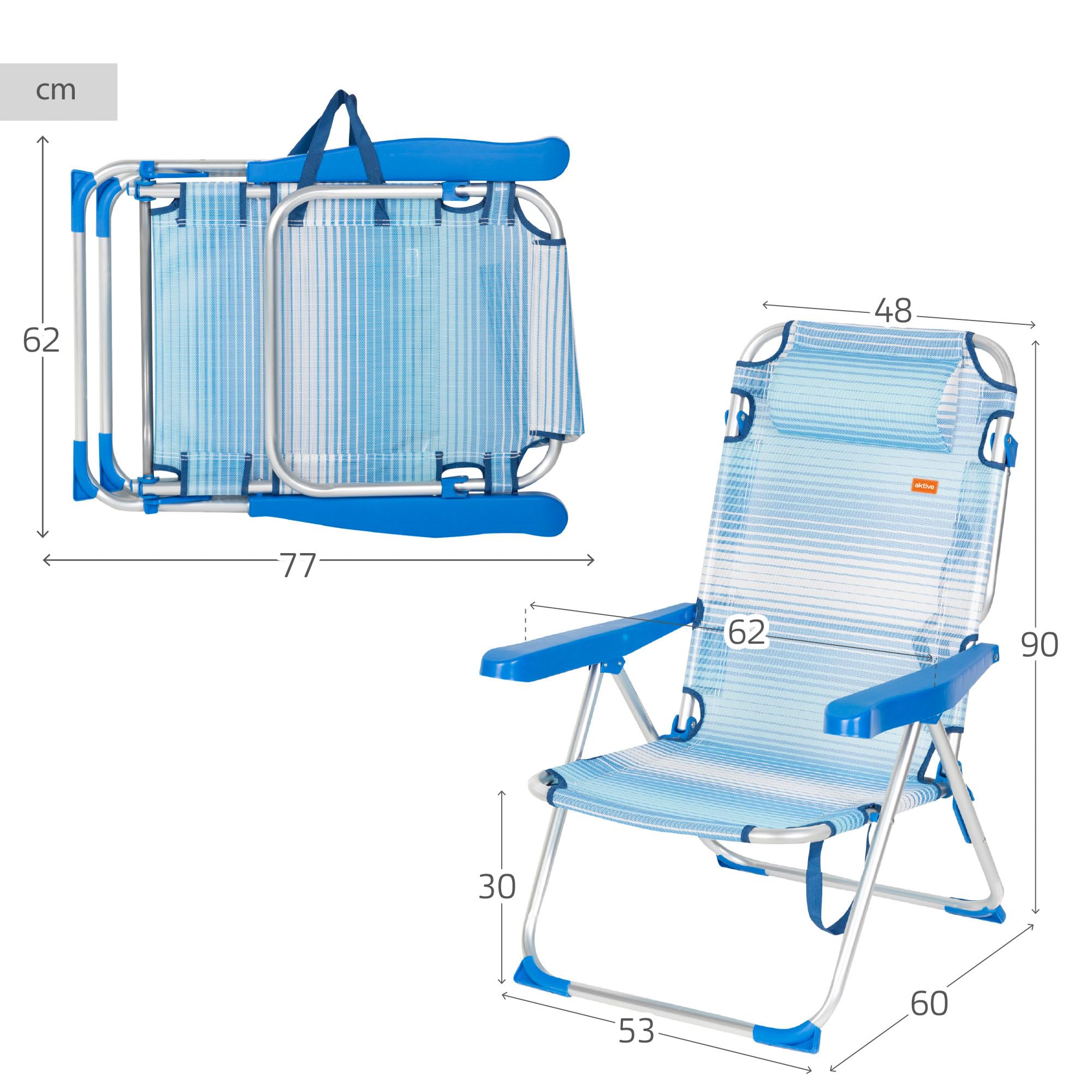 AKTIVE Pack 2 sillas de Playa Plegables y reclinables, Azul Rayas, 48 x 60 x 90 cm, 5 Posiciones, cojín Acolchado, asa de Hombro, reposabrazos ergonómicos, topes antivuelco, soporta 110 kg (85515)