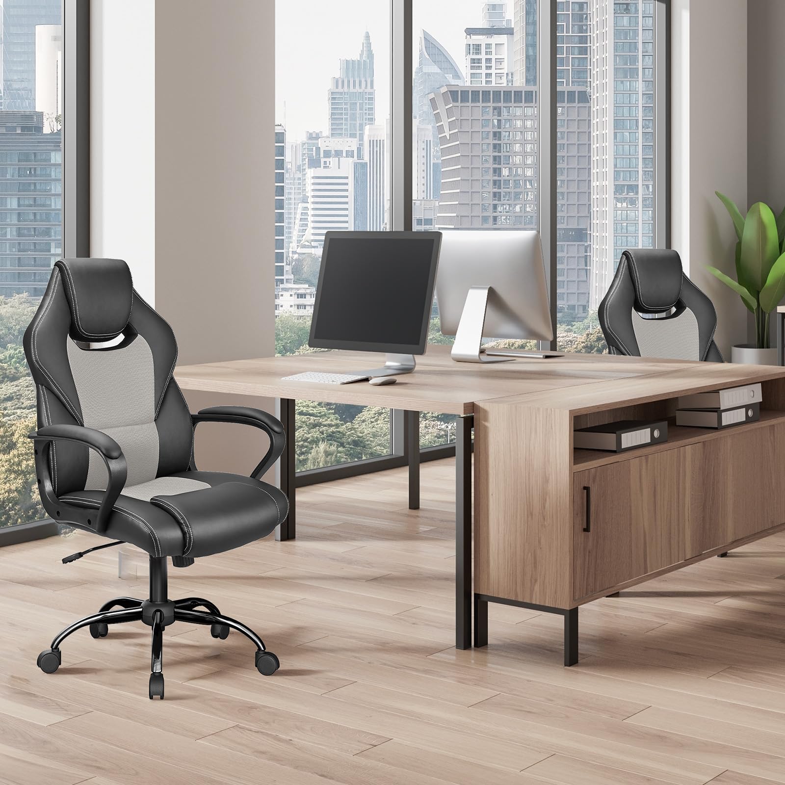 BASETBL Sedia Ufficio Ergonomica Sedia da Ufficio Direzionale in Pelle Altezza Regolabile Sedia Gaming Sedia da Scrivania a Rotelle Girevole Reclinabile Schienale Alto Supporto Lombare Grigio