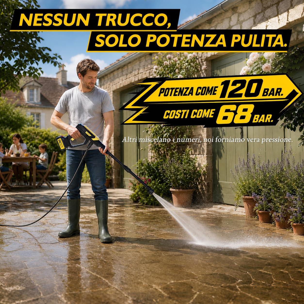 Idropulitrice senza fili, 17 pezzi, 8000 mAh, pressione massima 68 bar, con ugello 6 in 1 e ugello girevole a 180°, idropulitrice portatile per auto, biciclette, terrazze e giardini | Motore brushless, ugello rotante 180°/360°, ugello 6-in-1, attacco per
