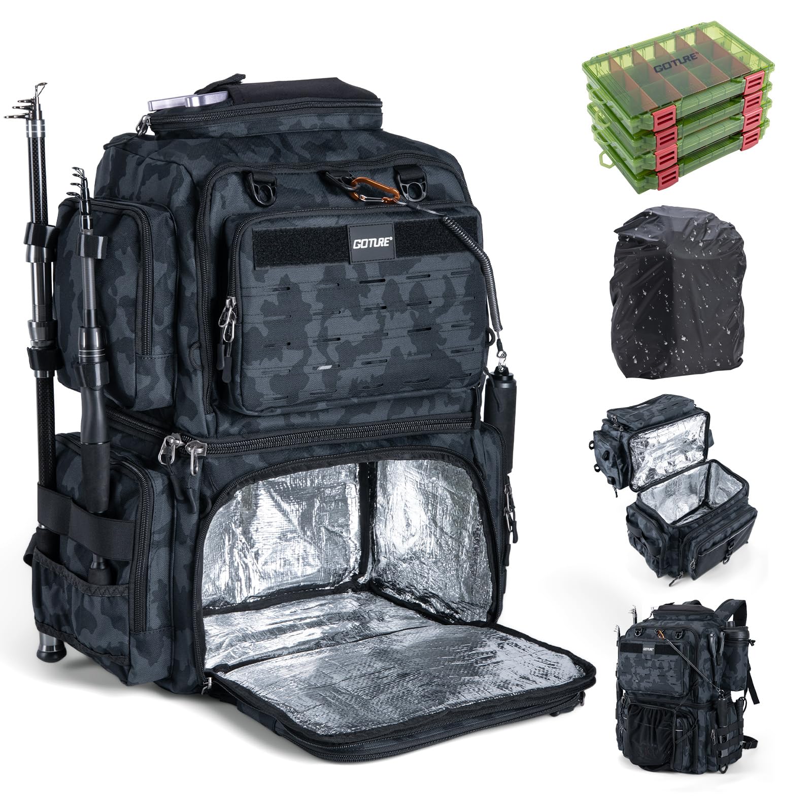 Goture 53L Insulated Fishing Tackle Bag with Rod Holders, 600D Large Lure Fishing Bag Contain 8 Soft Lure Bag, Water-Resistant Tackle Backpack With Rain Cover for Camping Hiking (Bag and 4 3600 Boxes)