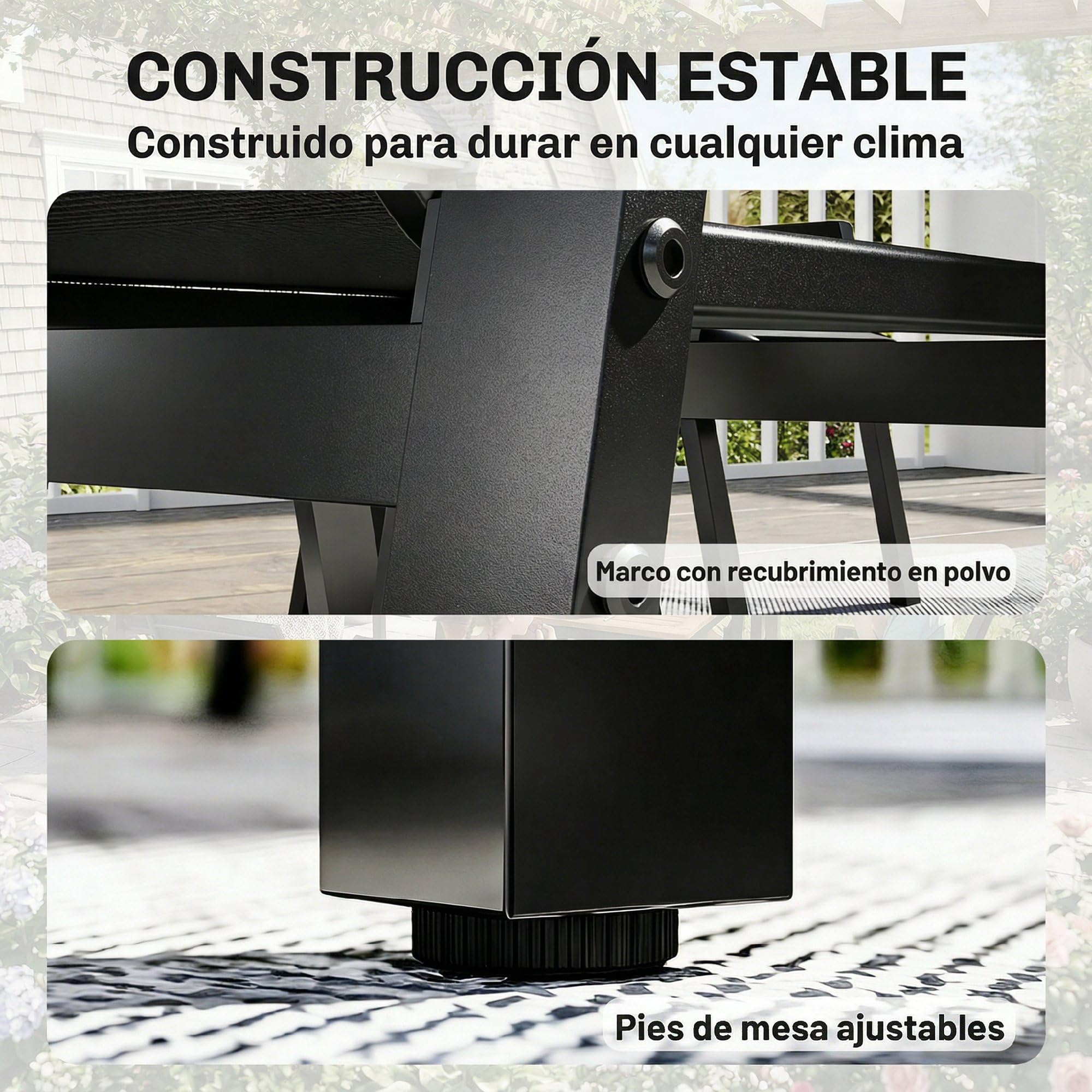 Outsunny Conjunto de Mesa y Sillas Jardín de 7 Piezas, Muebles Jardín Exterior con Mesa con Tablero de Listones Efecto Madera, 6 Sillas Transpirables, Marco de Metal Resistente a la Intemperie, Negro