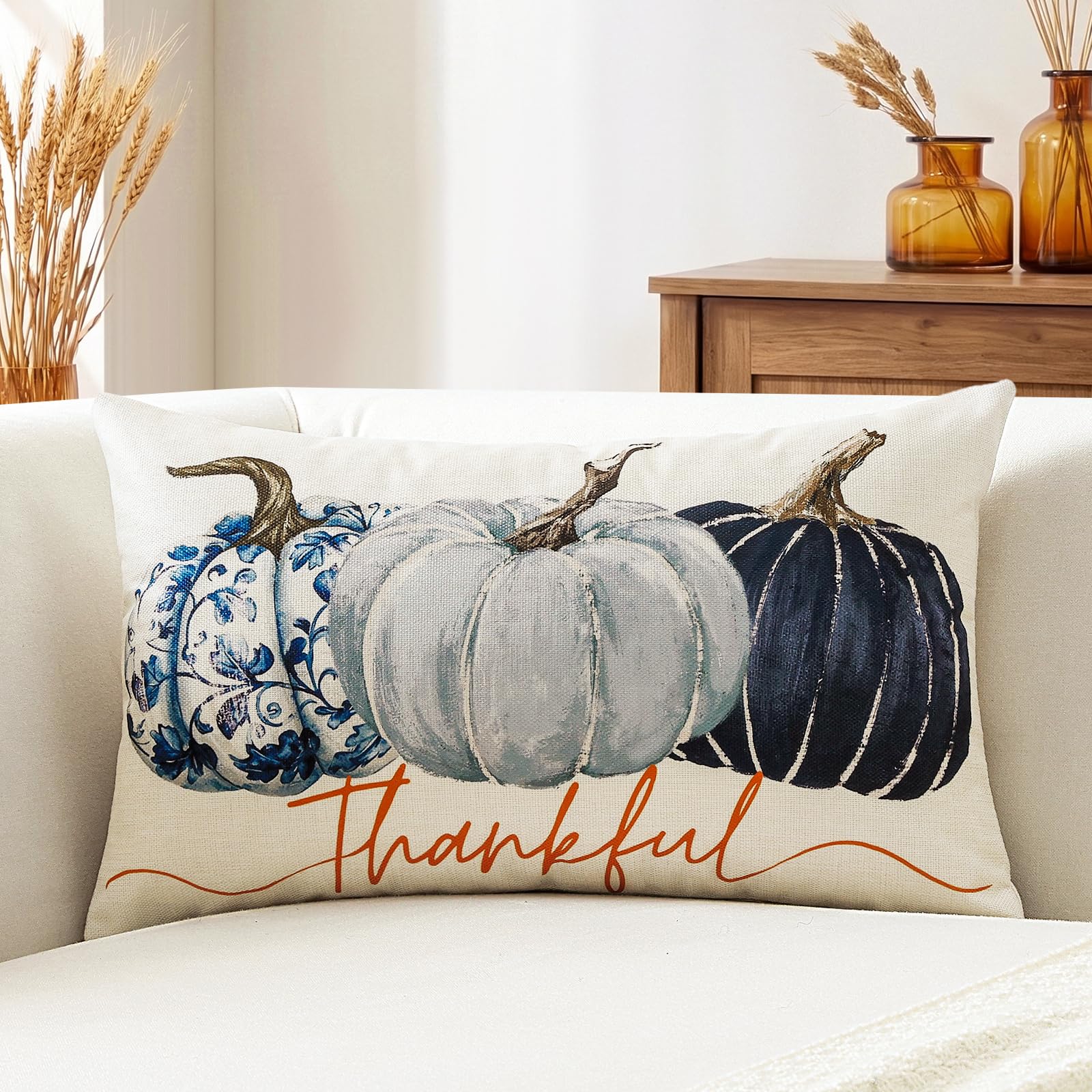 Artscope Fall Lumbar Cushion Cover 40x60cm, Set of 1 Blue Pumpkin Thankful Pillowcase Autumn Thanksgiving Pillow Cover for Sofa Living Room Holiday Party Fall Decor