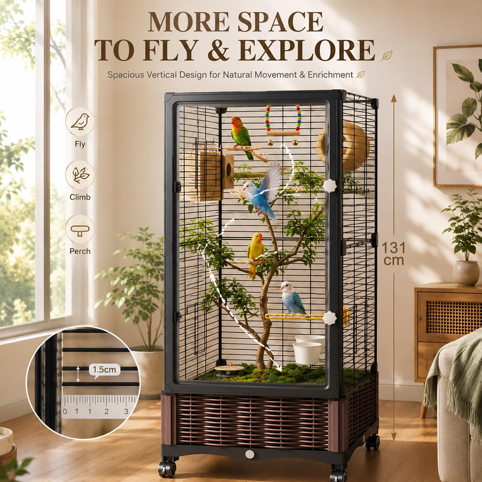 Jaula para Pájaros con Ruedas y Puerta Transparente de Acrílico, Voladera de Interior Moderna para Periquitos, Ninfas y Pájaros Pequeños, Jaula Decorativa con Ruedas L