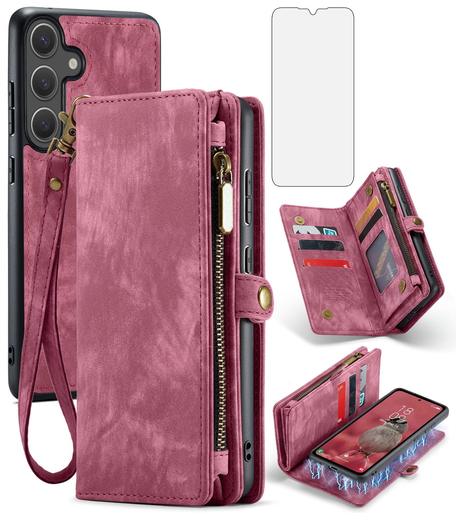 – Asuwish Phone Case for Samsung Galaxy S25 Plus S25+ 5G Zipper Wallet Magnetic Detachable Cover with Tempered Glass Screen Protector and Flip Card Holder Cell S25plus 25S + S 25 25+ Women Men Red